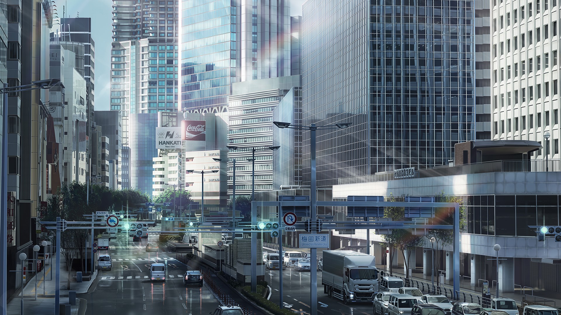 Anime City Street with Traffic and Skyscrapers HD Wallpaper