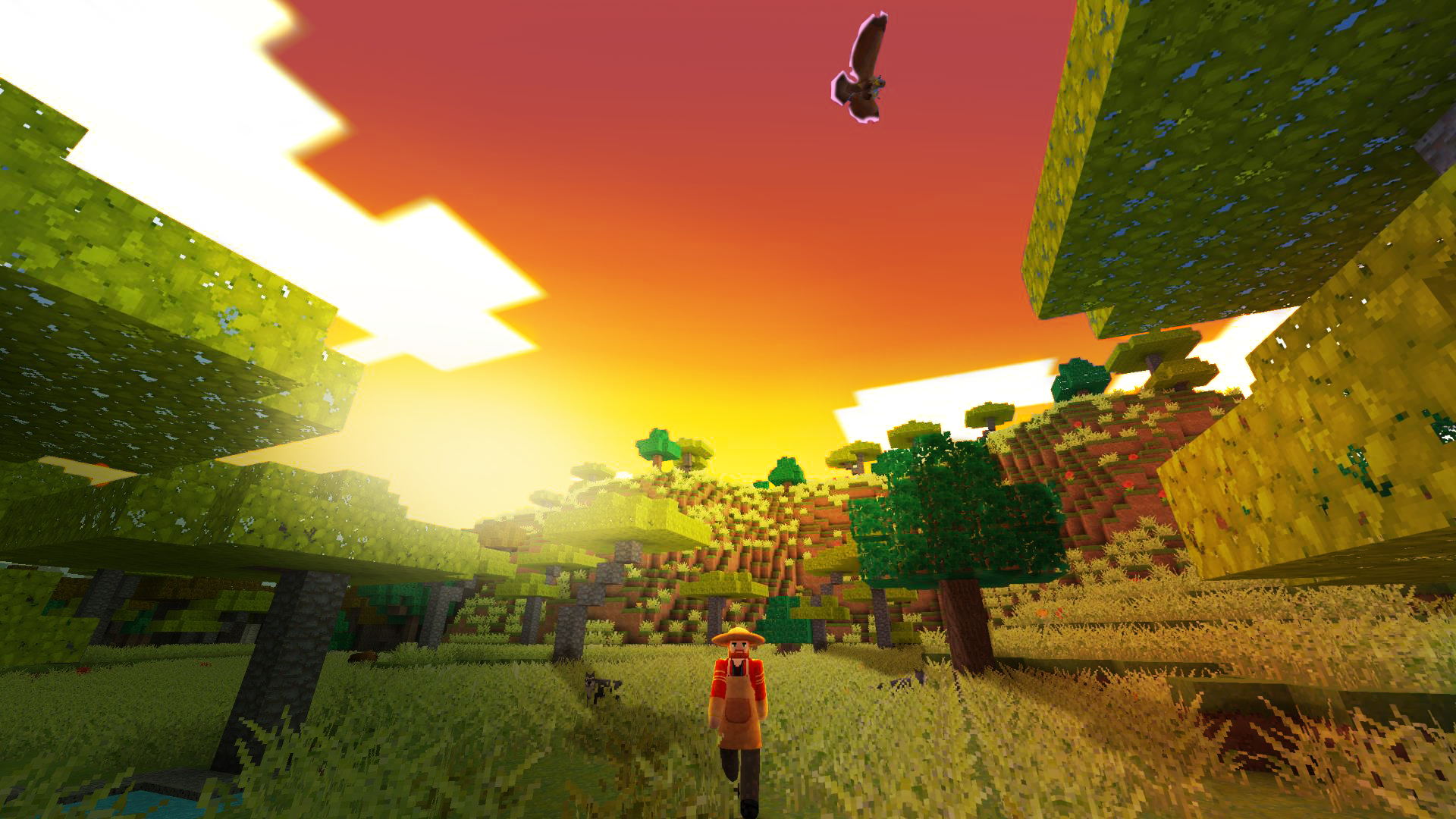 Pixel art landscape with a farmer and a bird HD Wallpaper