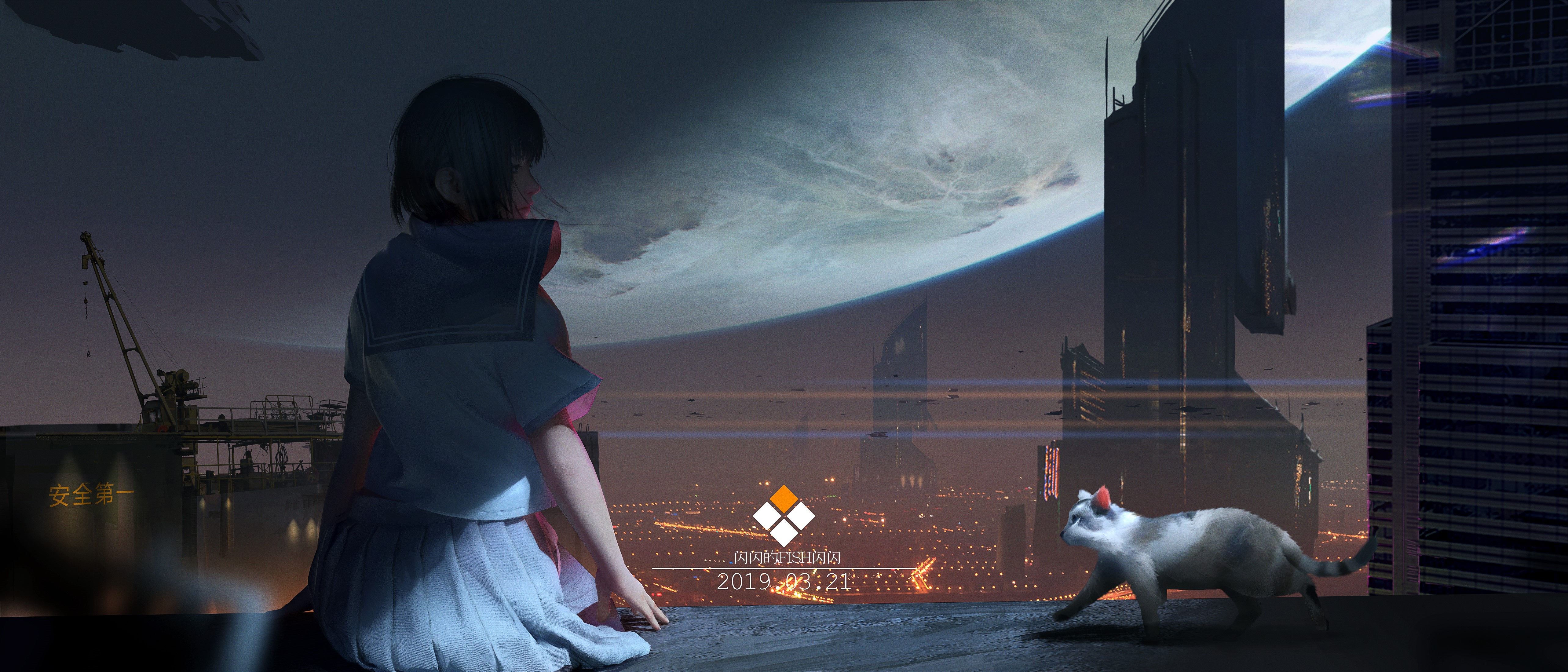 Anime girl and cat overlooking futuristic city HD Wallpaper