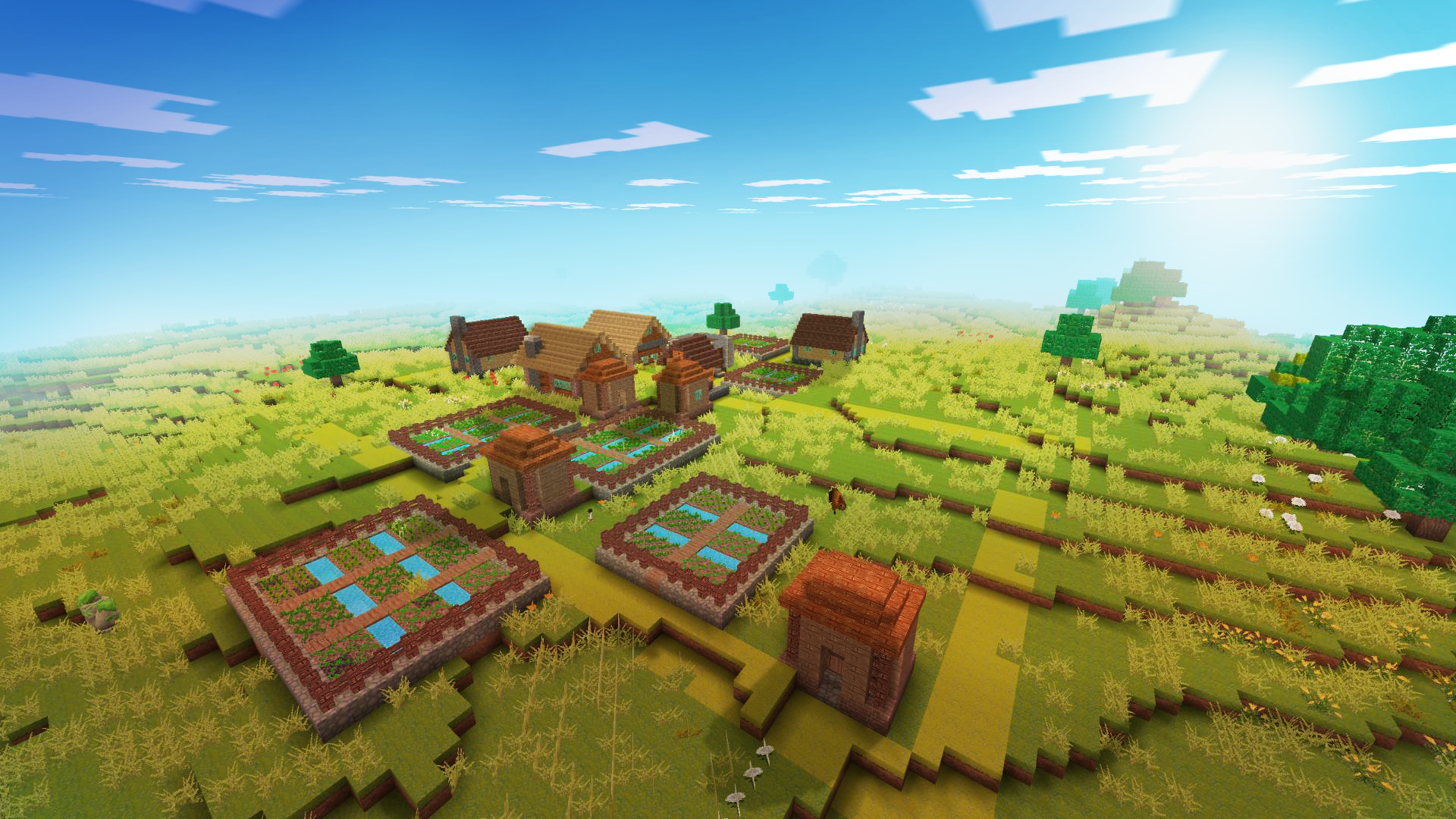 Pixel art village with farms and houses under a blue sky HD Wallpaper