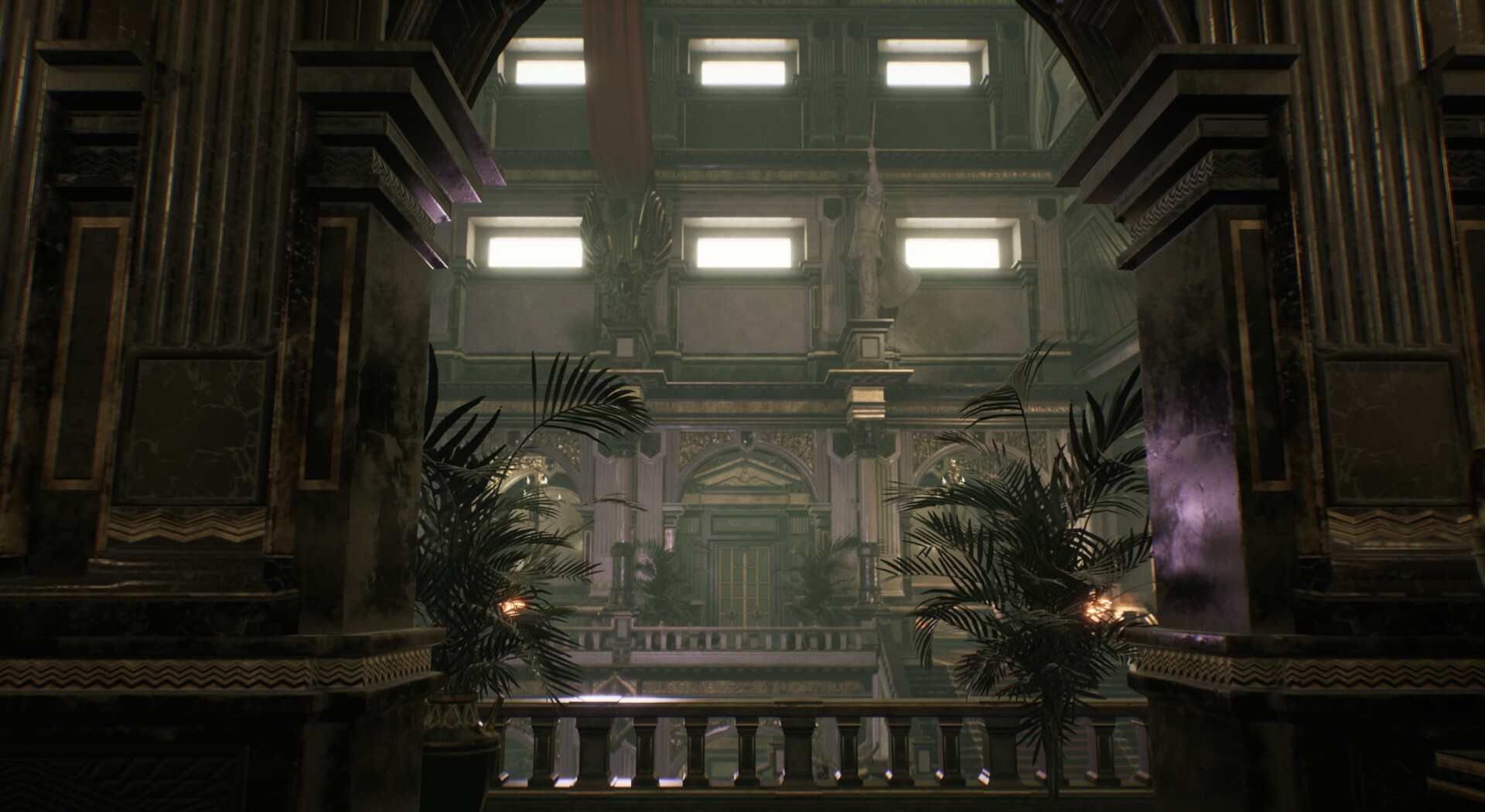 Fantasy interior with statues and plants HD Wallpaper