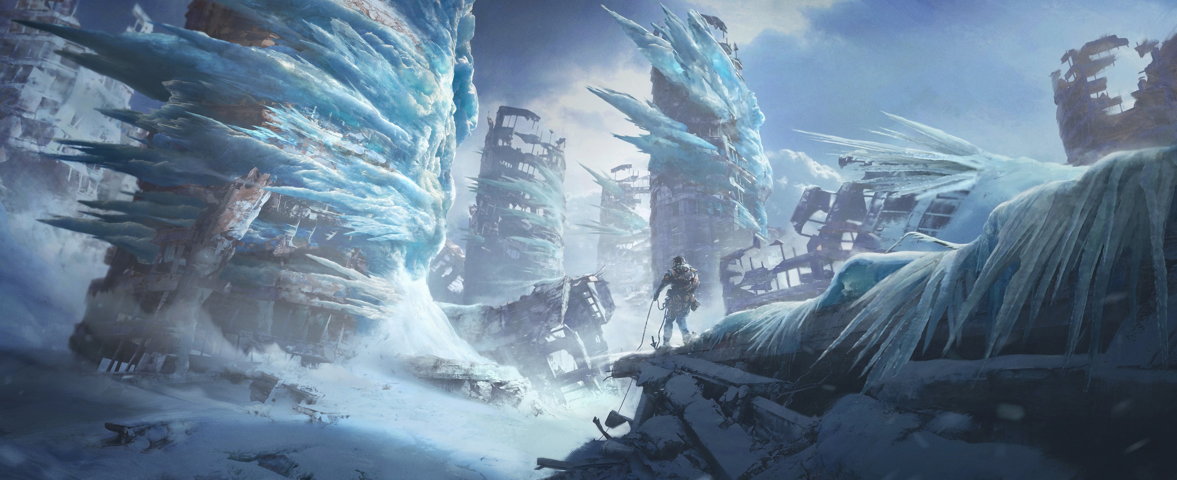 Fantasy art of a frozen, ruined city with a lone explorer HD Wallpaper