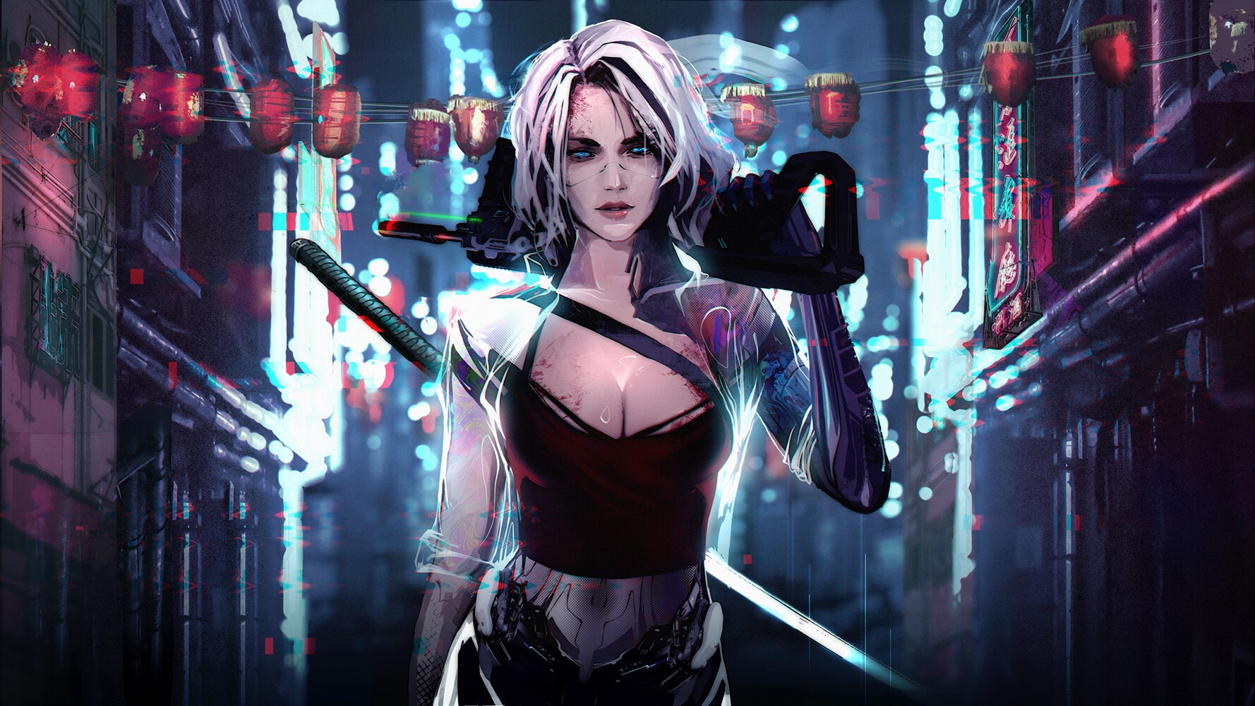 Cyborg woman with katana in a cyberpunk city HD Wallpaper