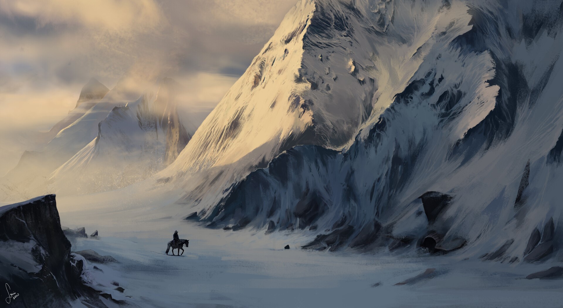 Man on horse in snowy mountains with clouds HD Wallpaper