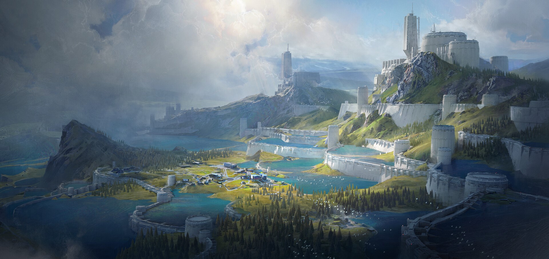 Fantasy landscape with castles and lakes by Ivan Laliashvili HD Wallpaper