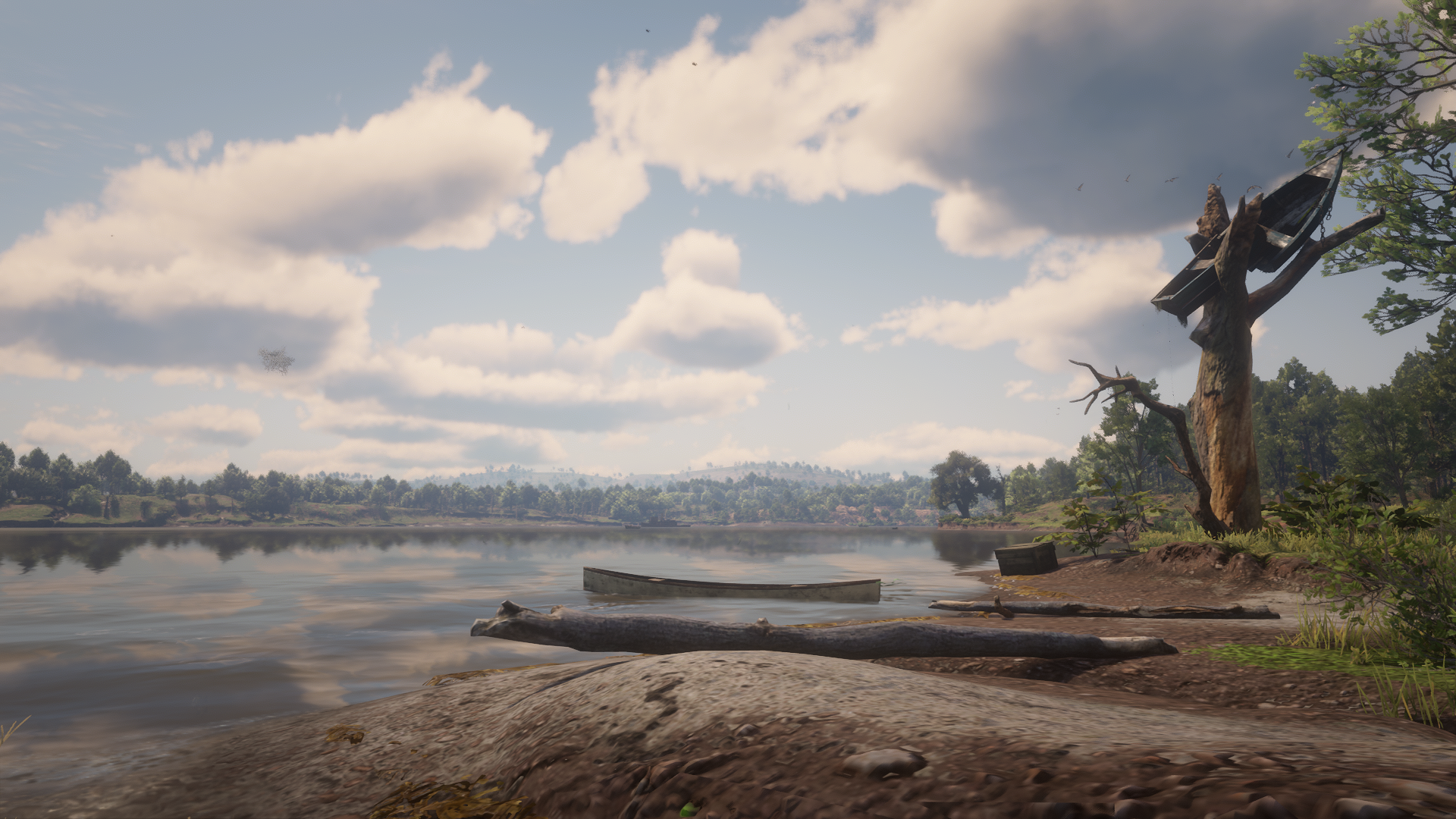 Red Dead Redemption 2 lake with canoe and tree HD Wallpaper