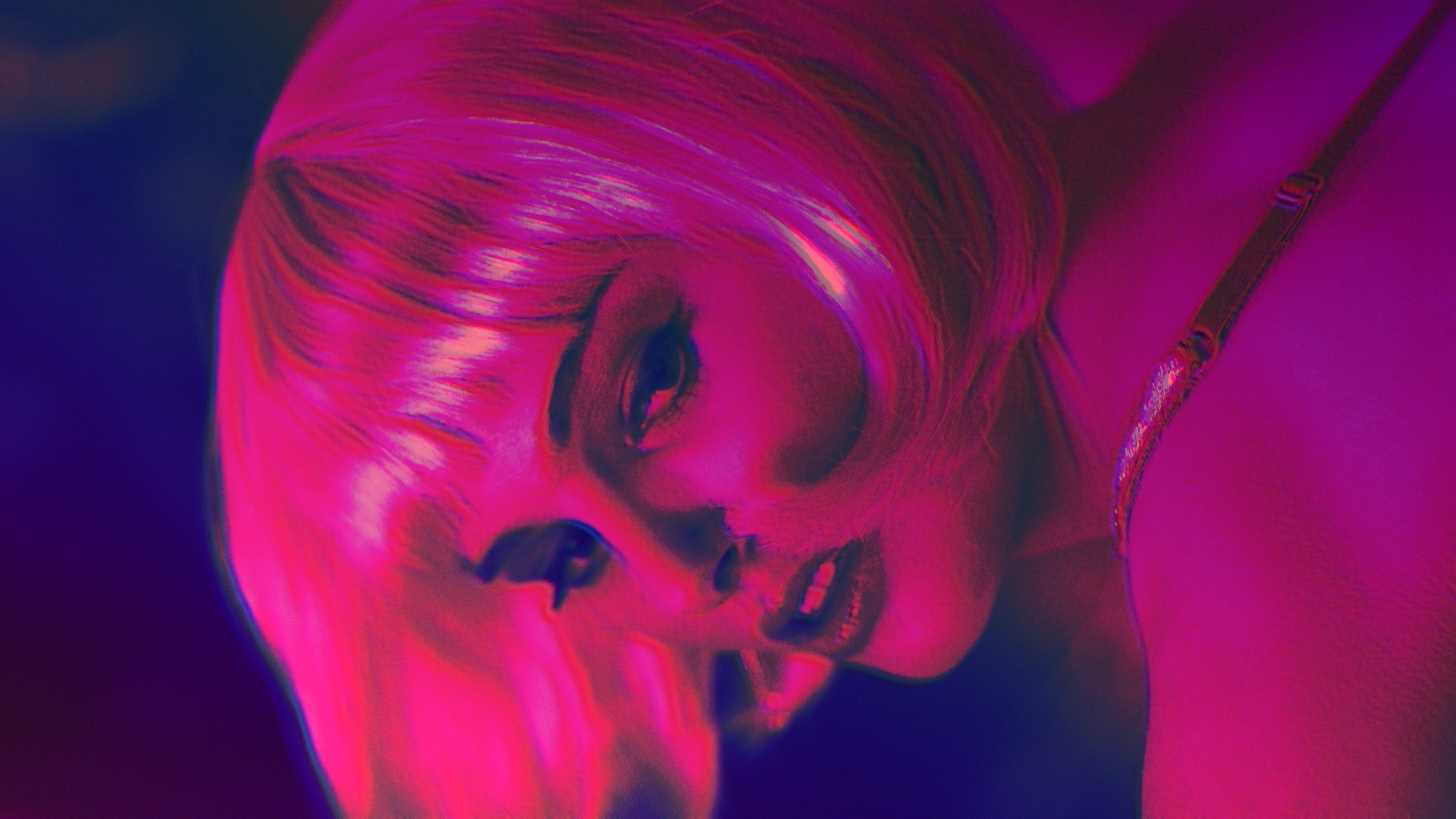 Woman with pink hair in neon lighting HD Wallpaper