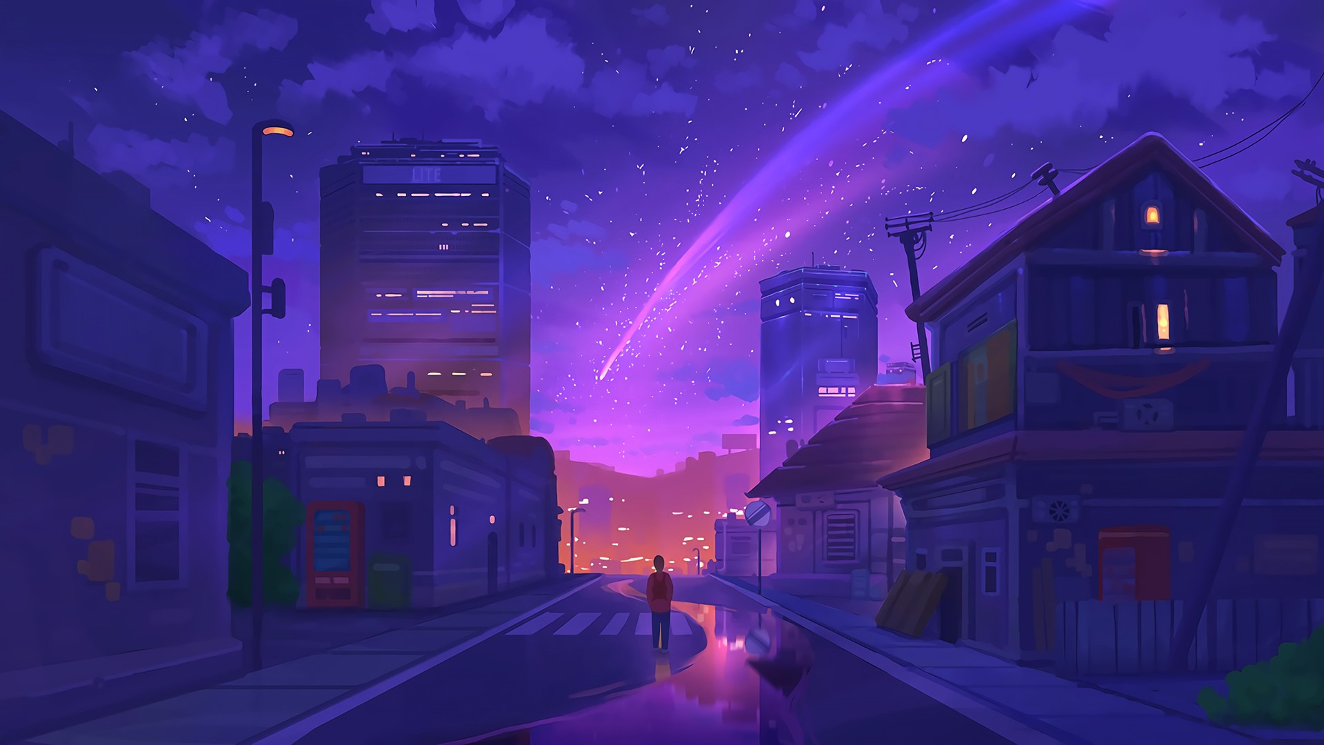 Digital art of a city street at night with a comet HD Wallpaper