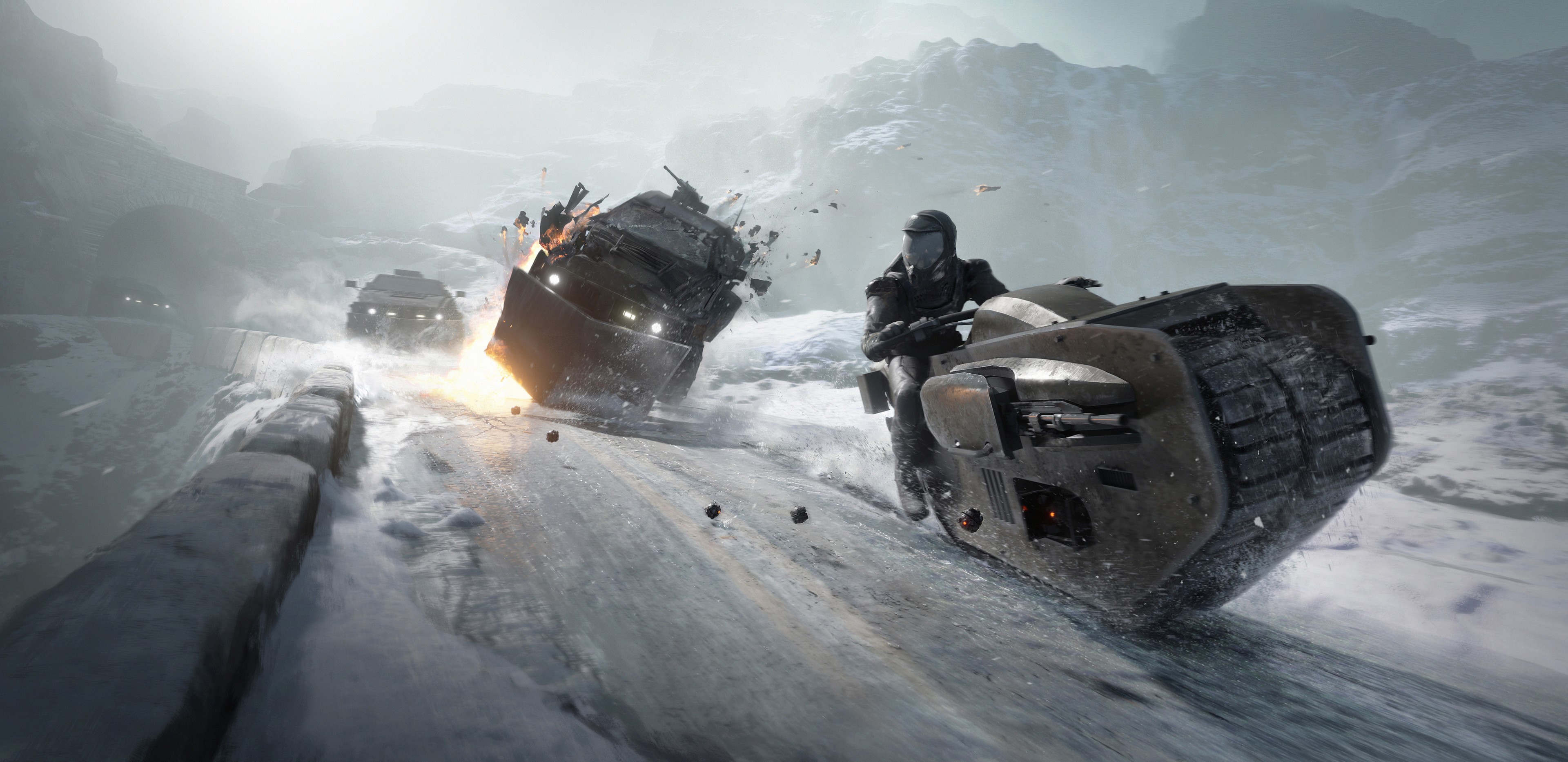 Futuristic vehicles in a snowy mountain battle HD Wallpaper