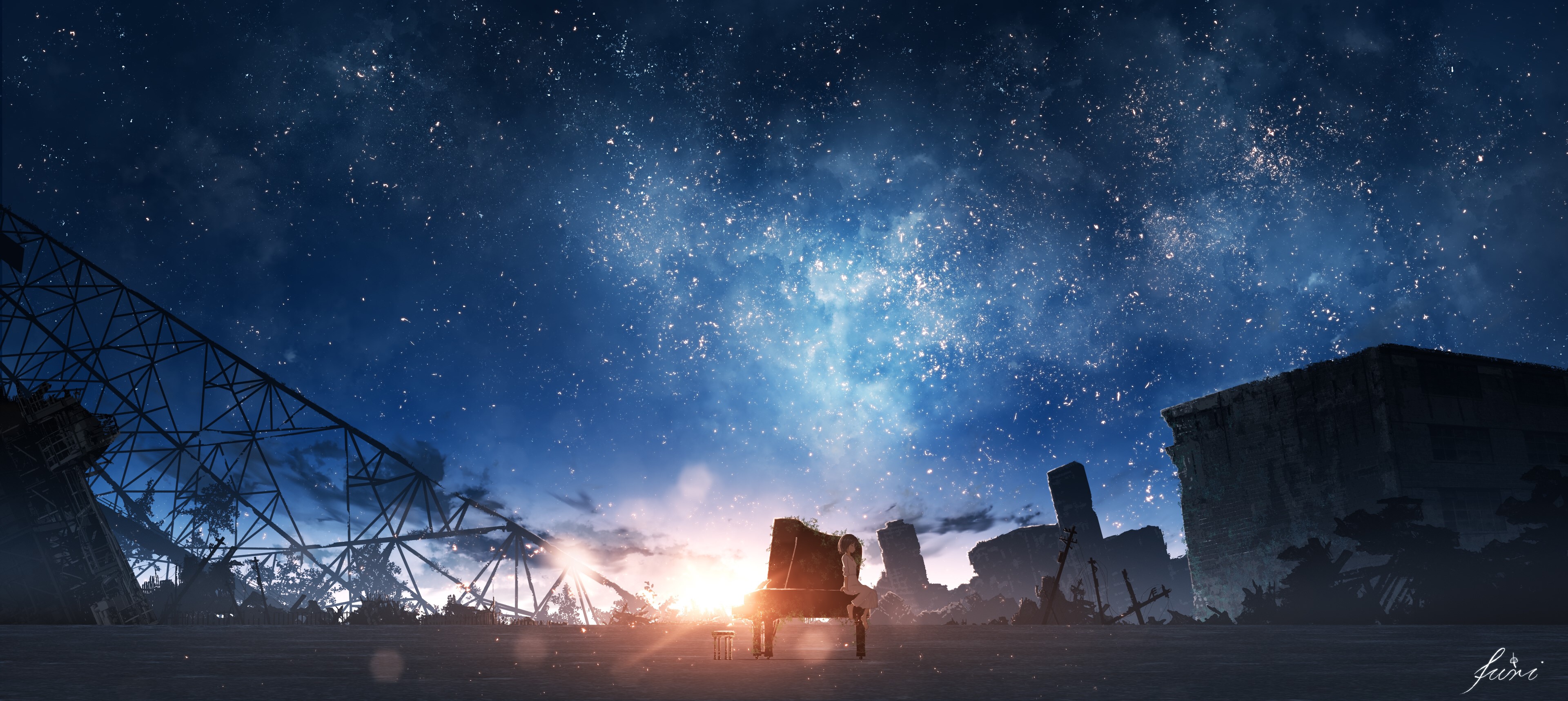 Anime girl playing piano in ruins under starry night HD Wallpaper