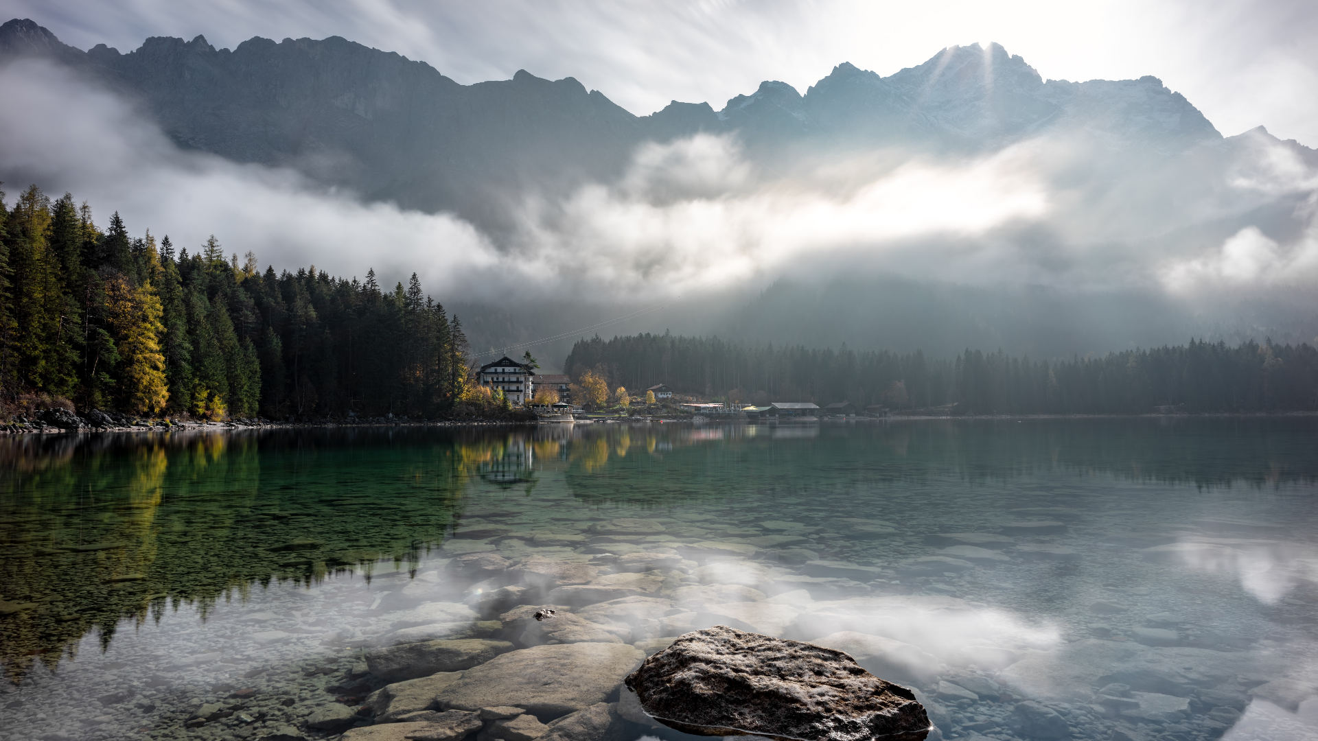 Lake Eibsee with Zugspitze mountains in Bavaria, Germany HD Wallpaper
