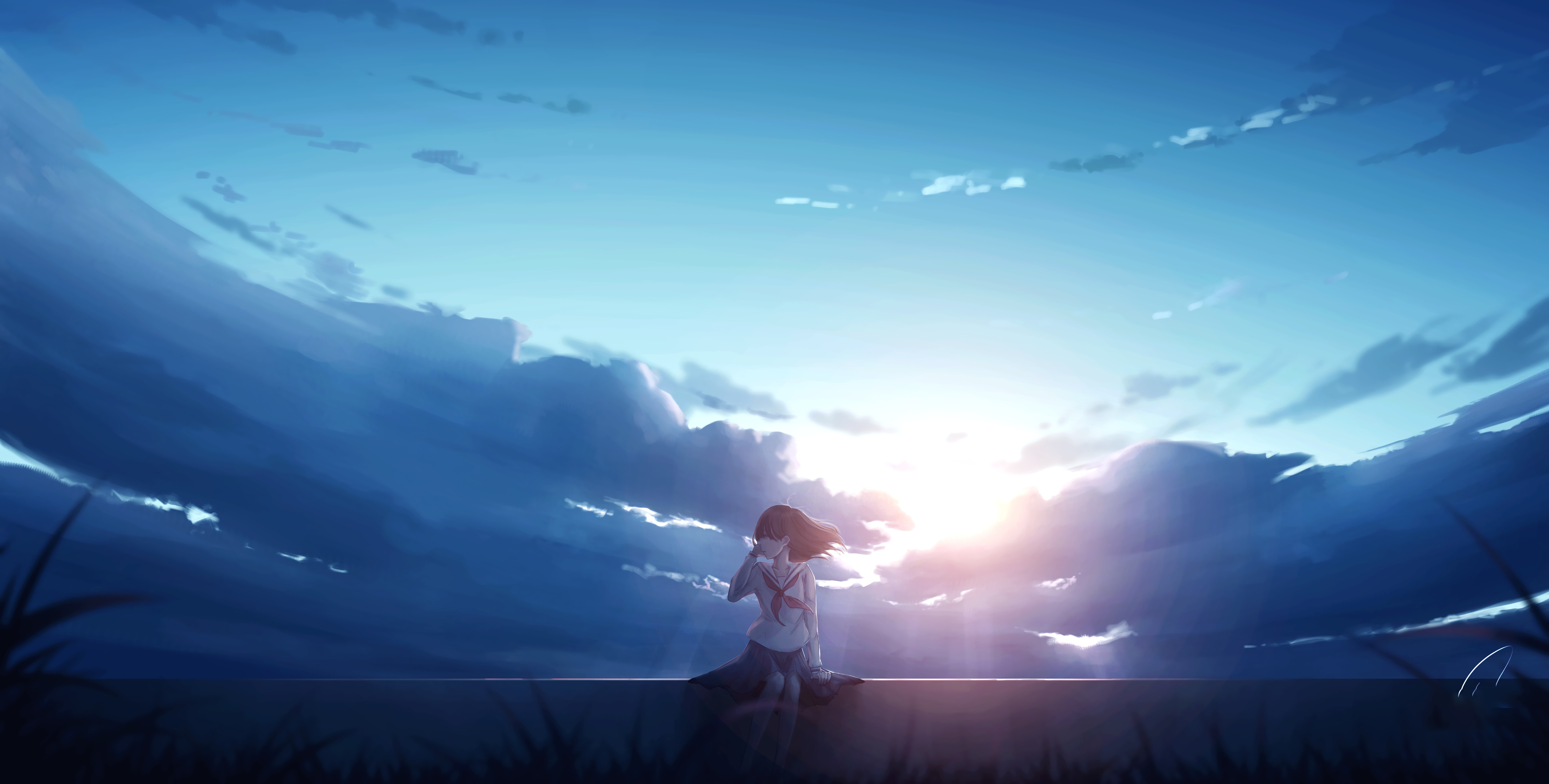 Anime girl sitting on a wall at sunset HD Wallpaper