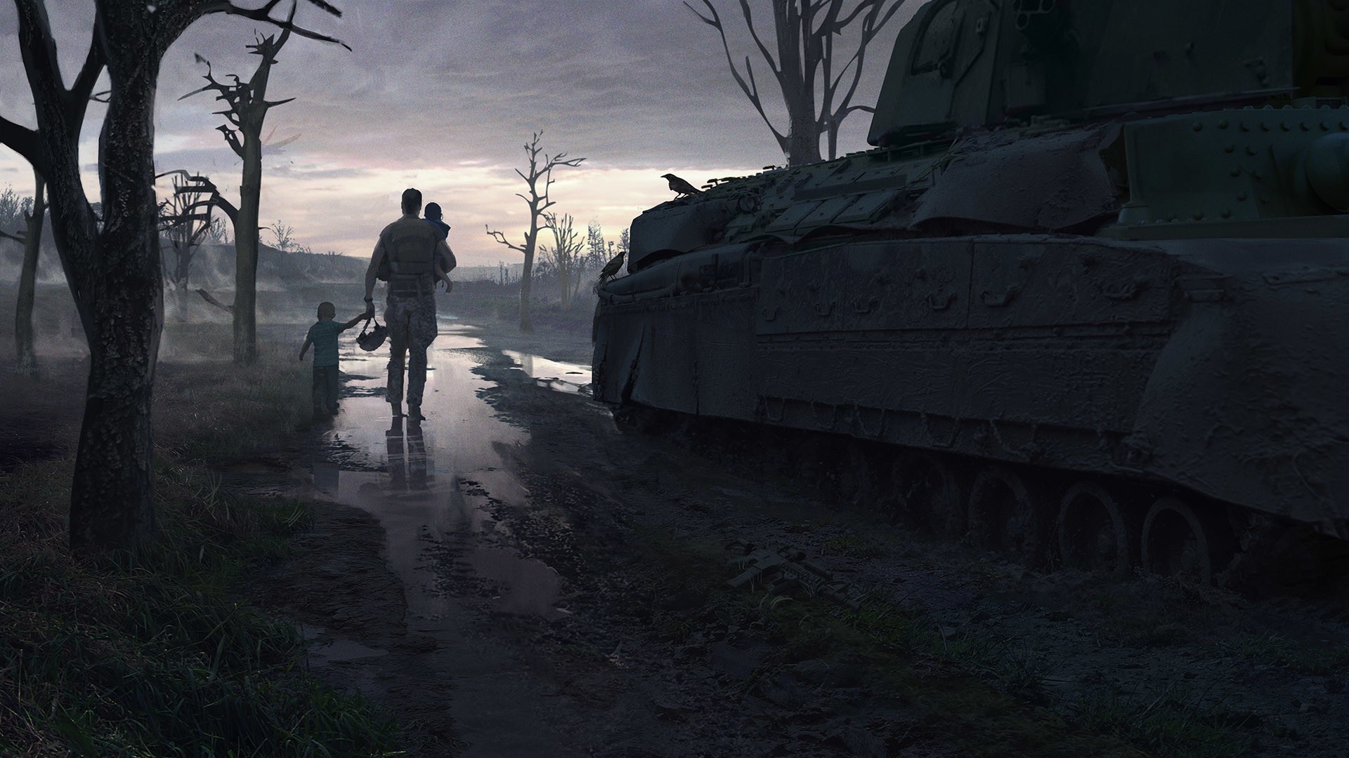 Soldier carrying child walks past tank in war-torn landscape HD Wallpaper