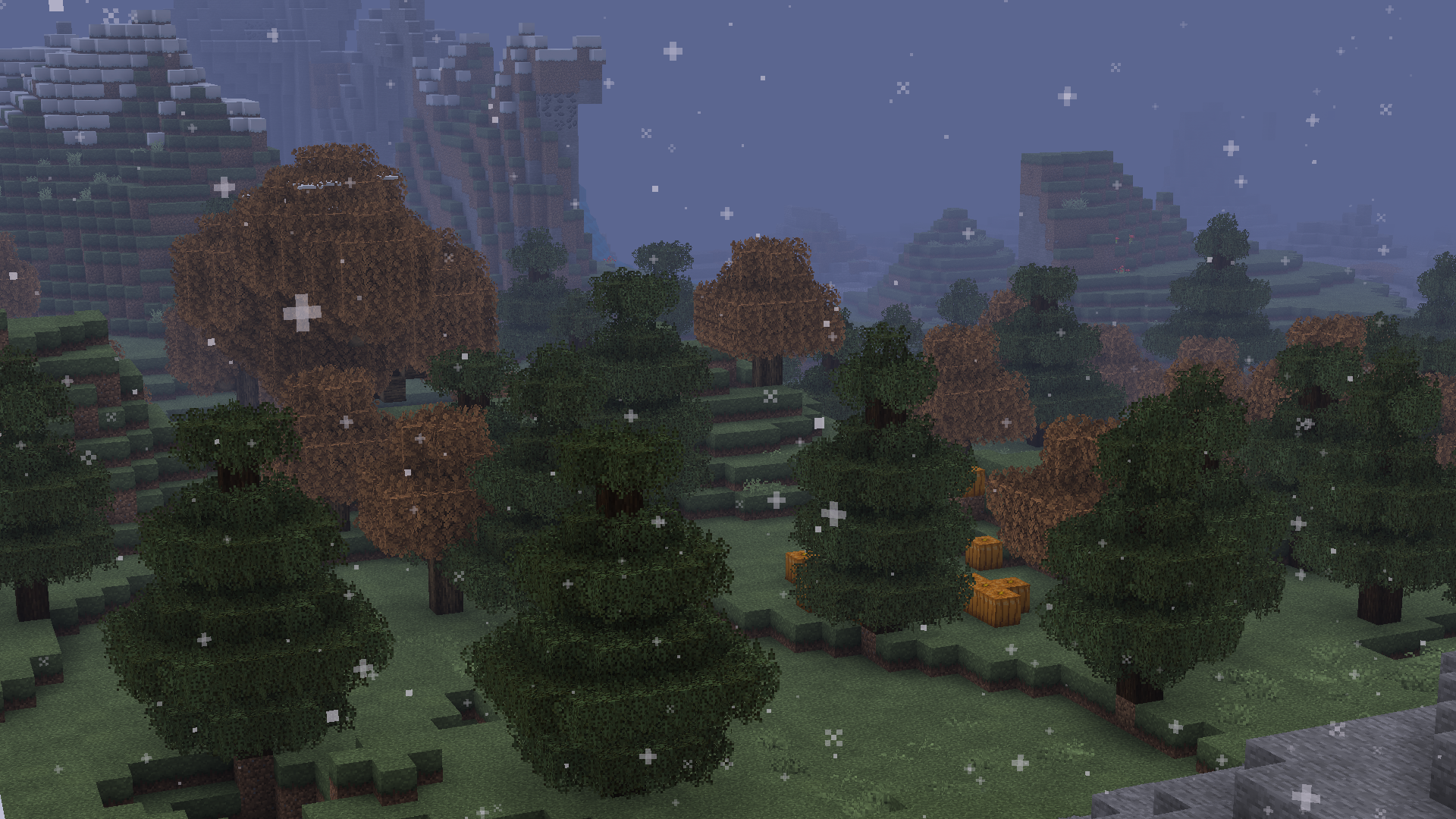 Minecraft snowy forest with autumn trees HD Wallpaper
