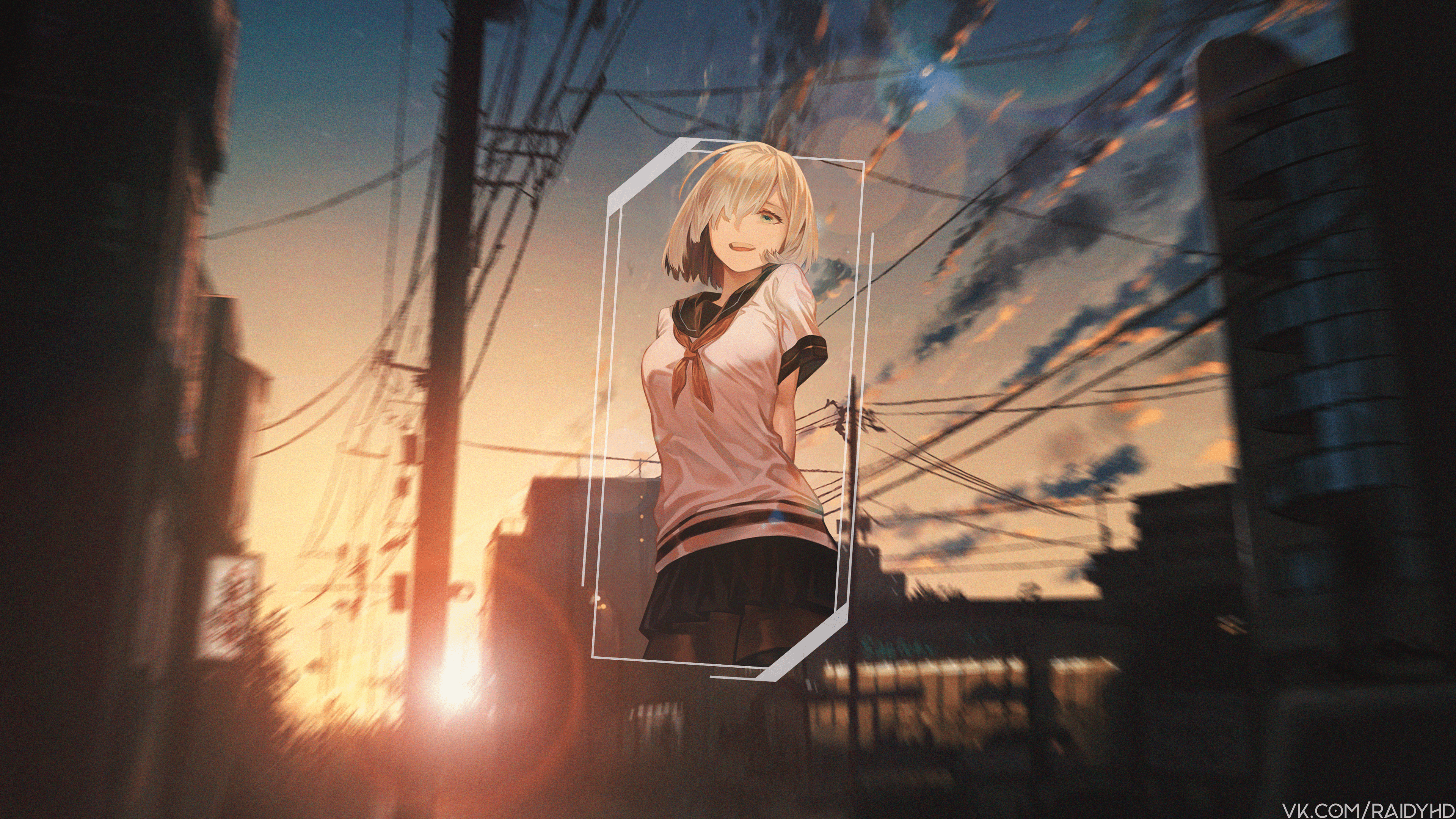 Hamakaze from KanColle in Picture-in-Picture at Sunset HD Wallpaper