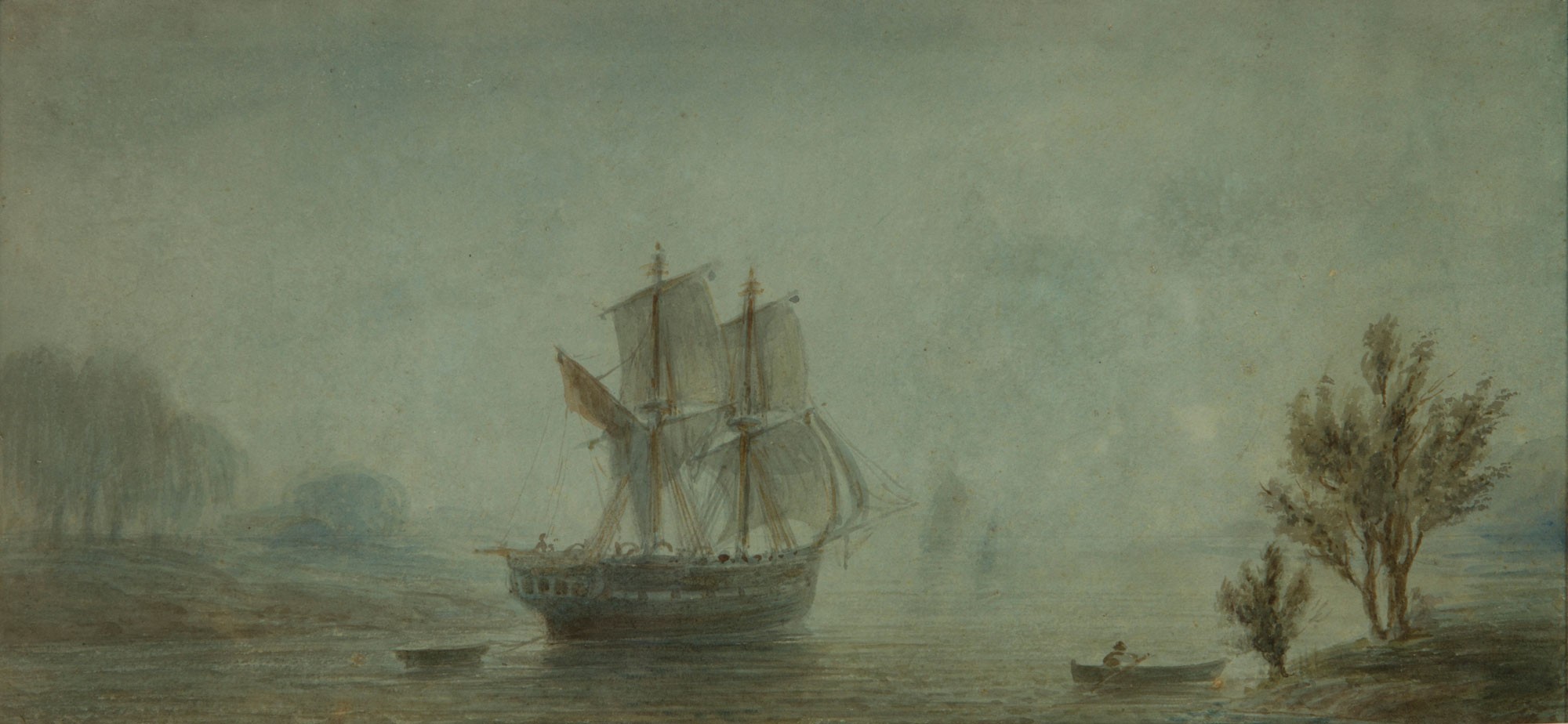 Sailing ship on a misty river with trees and a rowboat HD Wallpaper