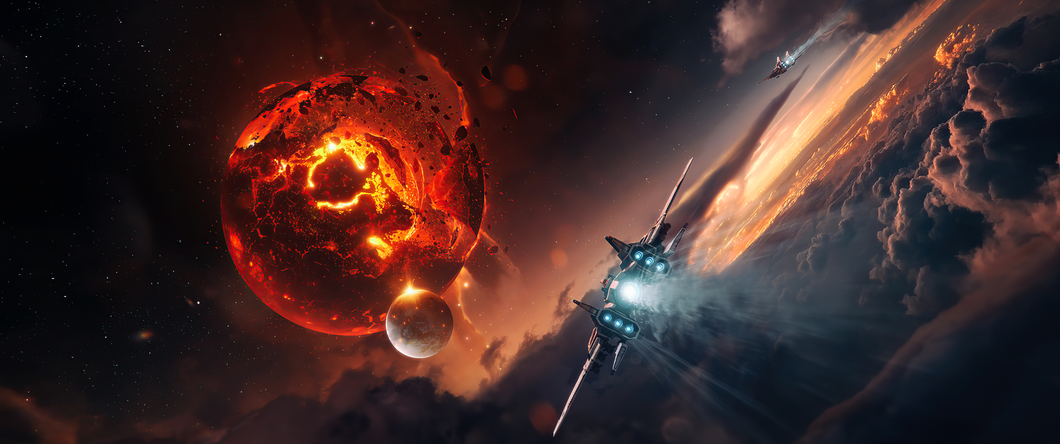 Spaceship near a burning planet and clouds HD Wallpaper