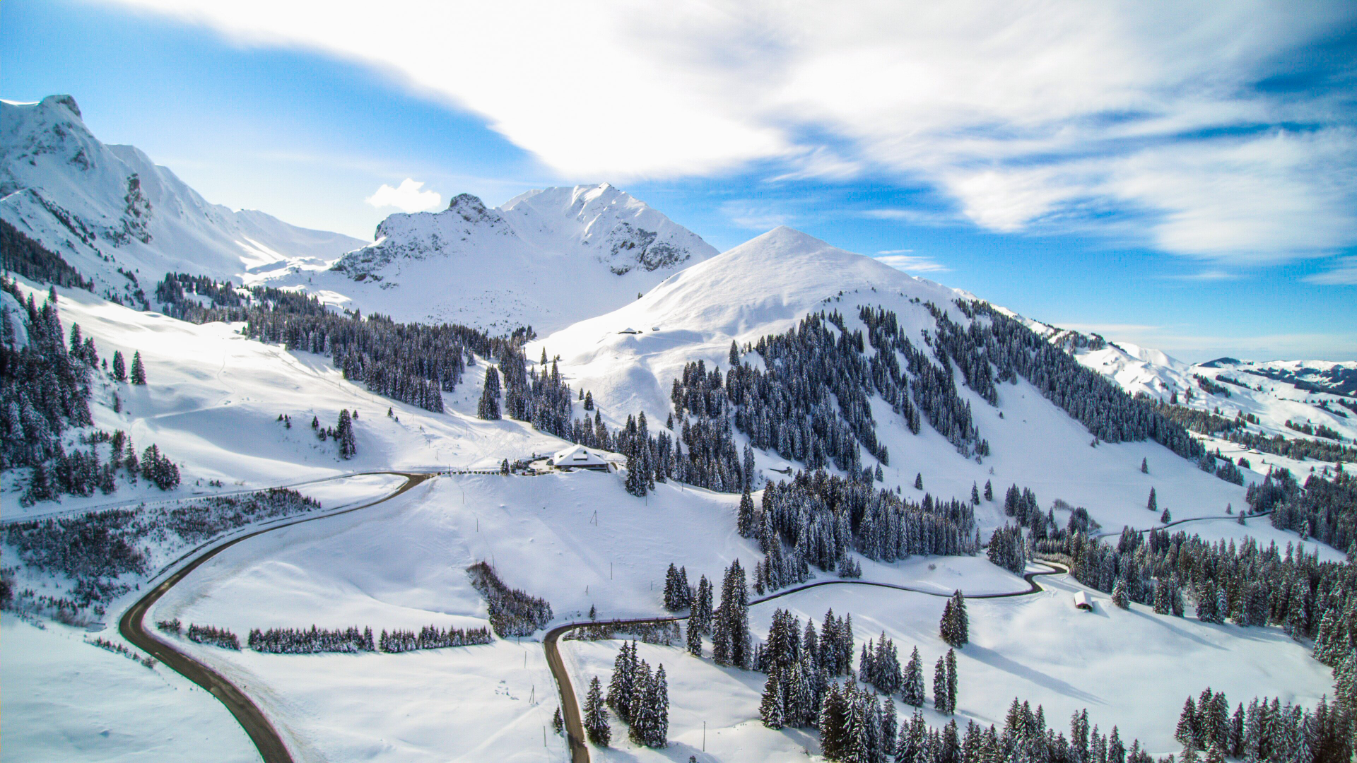 Snowy mountains with a winding road and evergreen trees HD Wallpaper