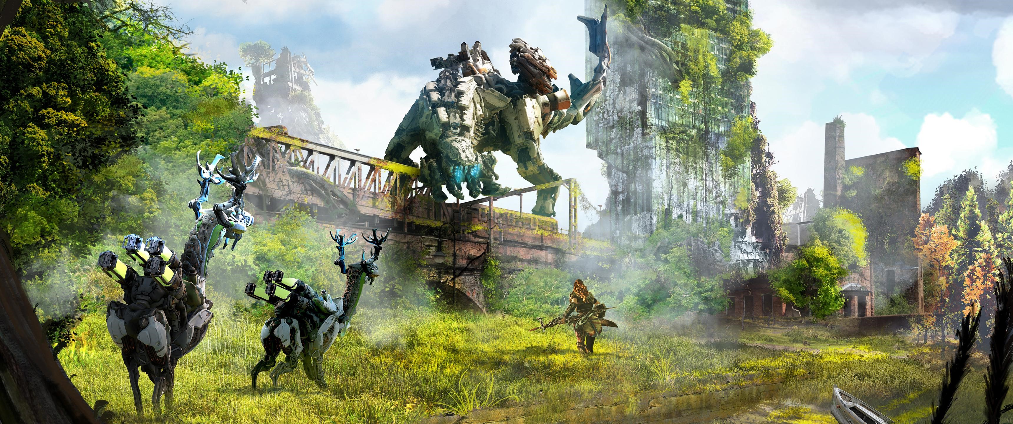 Aloy from Horizon Zero Dawn with machines in ruins HD Wallpaper