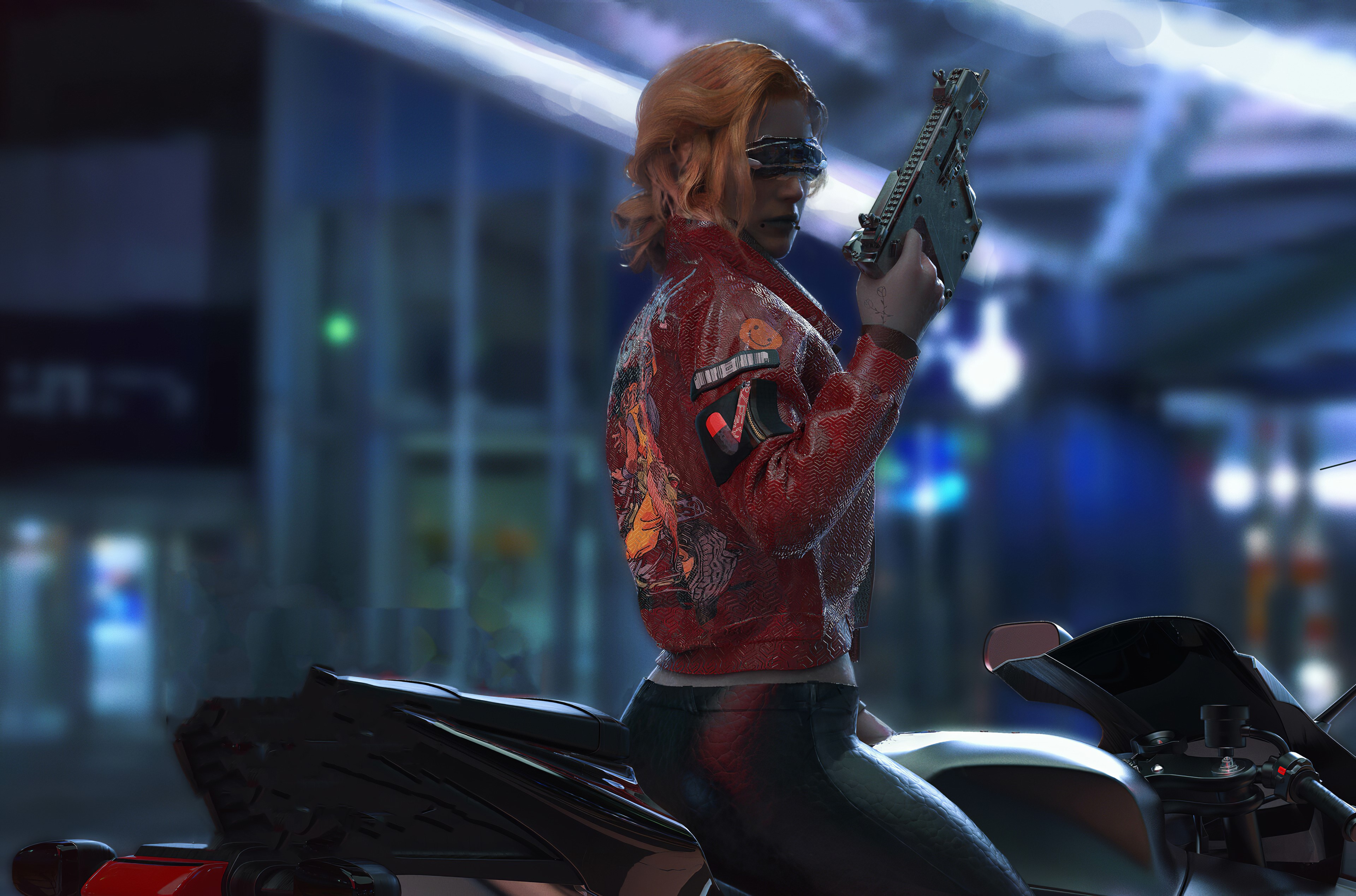 Woman with gun on motorcycle HD Wallpaper