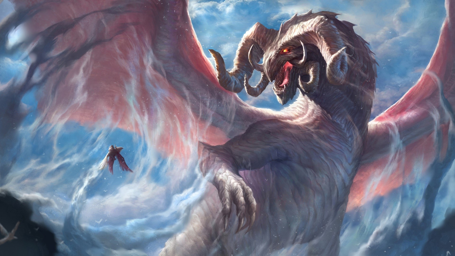 A massive dragon with horns and wings in the sky HD Wallpaper