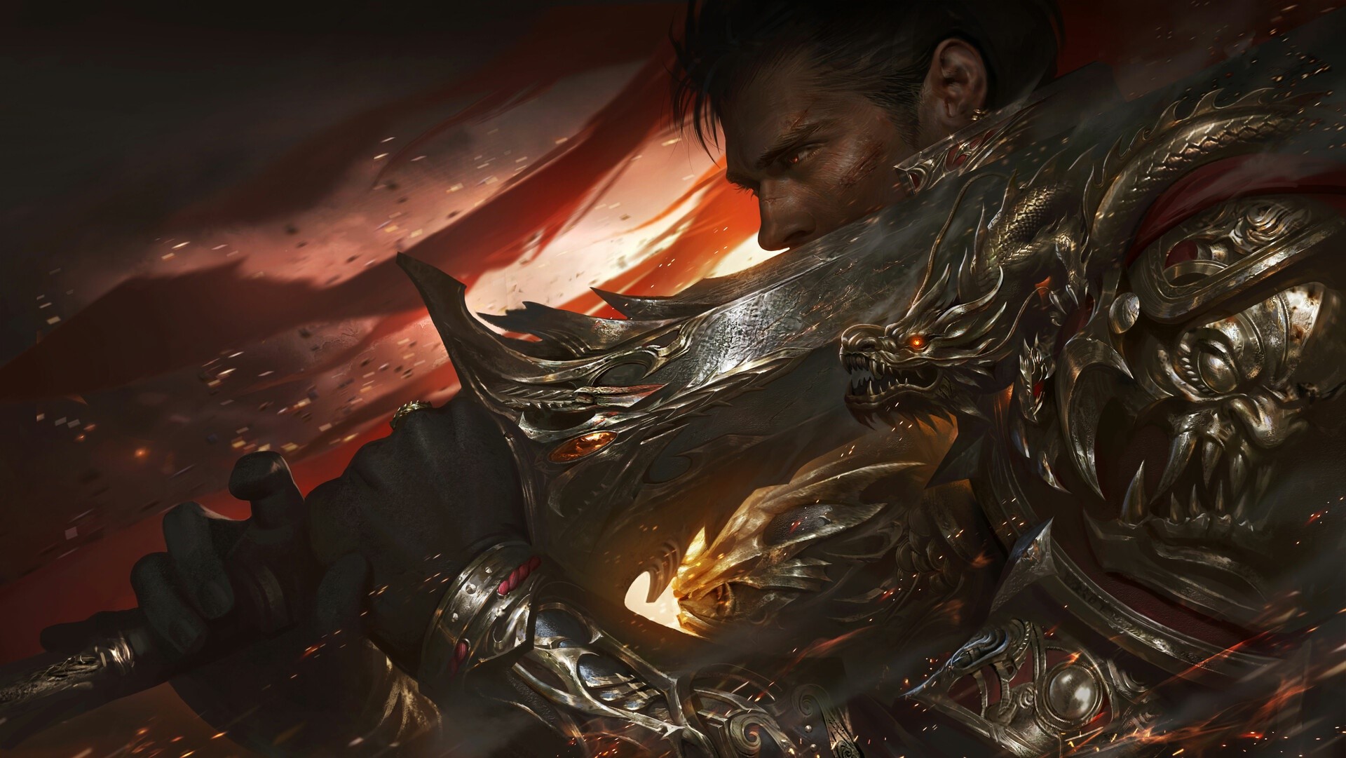 Fantasy warrior in ornate dragon armor HD Wallpaper