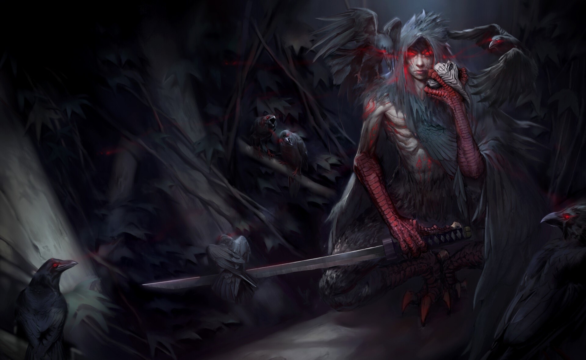 Dark fantasy creature with red eyes and sword HD Wallpaper