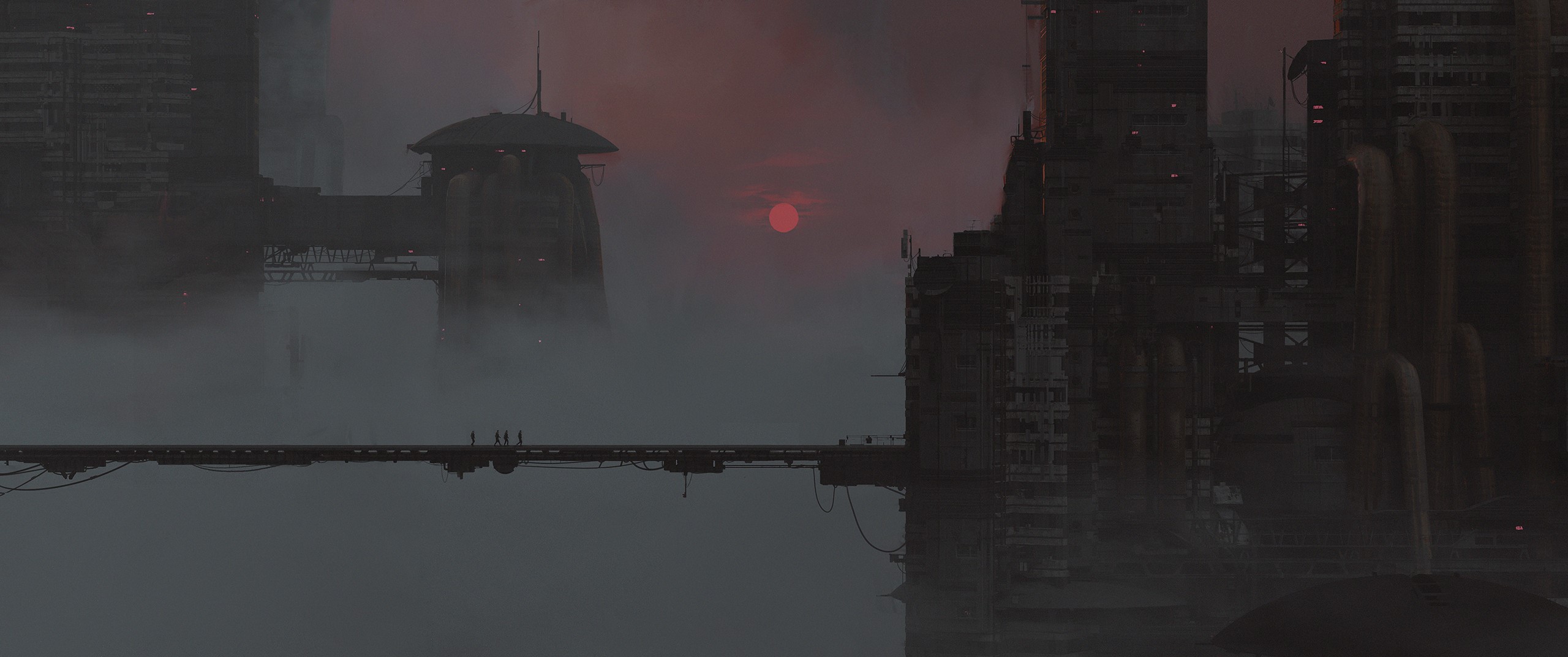 Futuristic dystopian city at sunset with a bridge HD Wallpaper