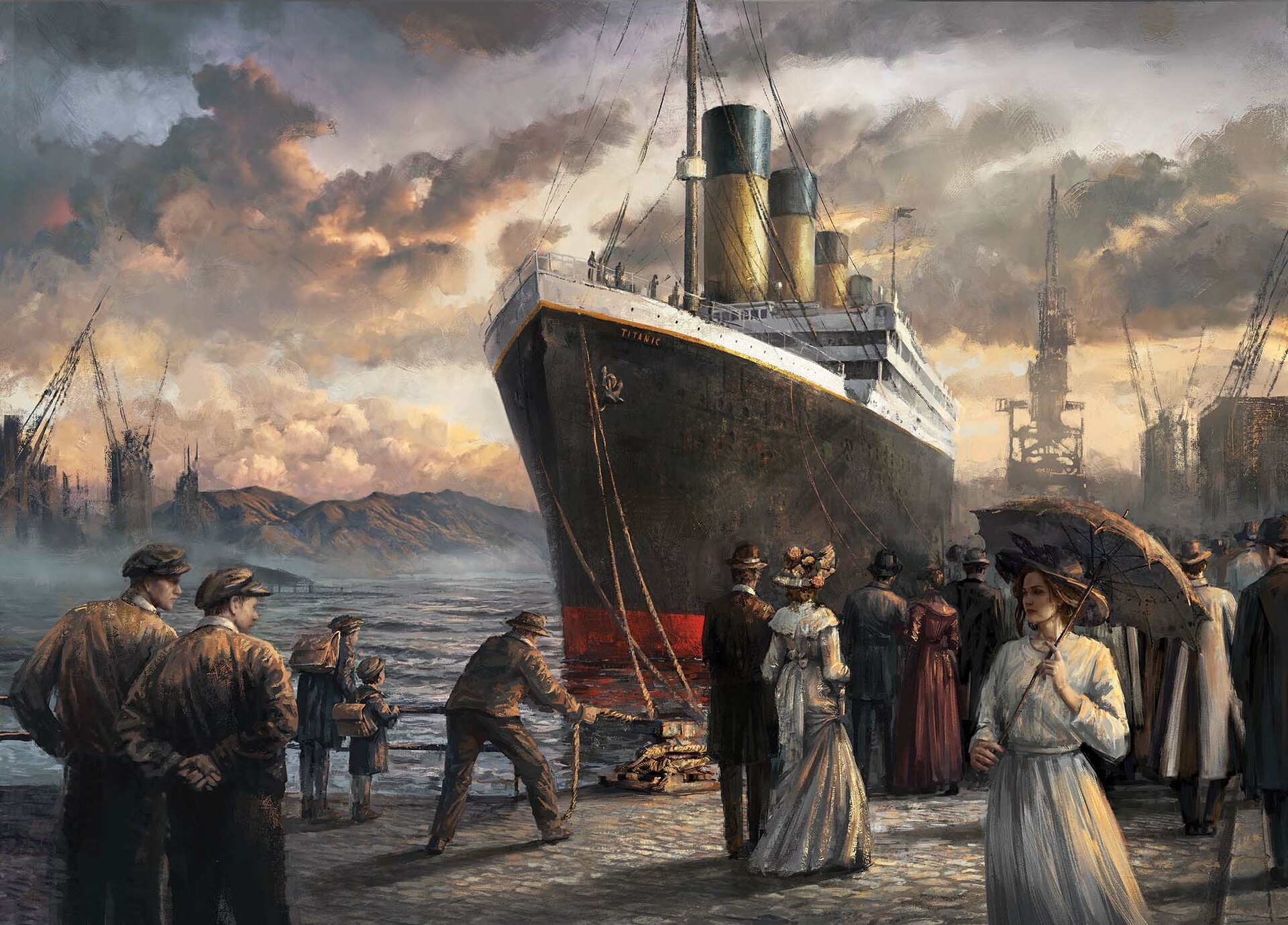 Artwork of the Titanic ship at dock HD Wallpaper