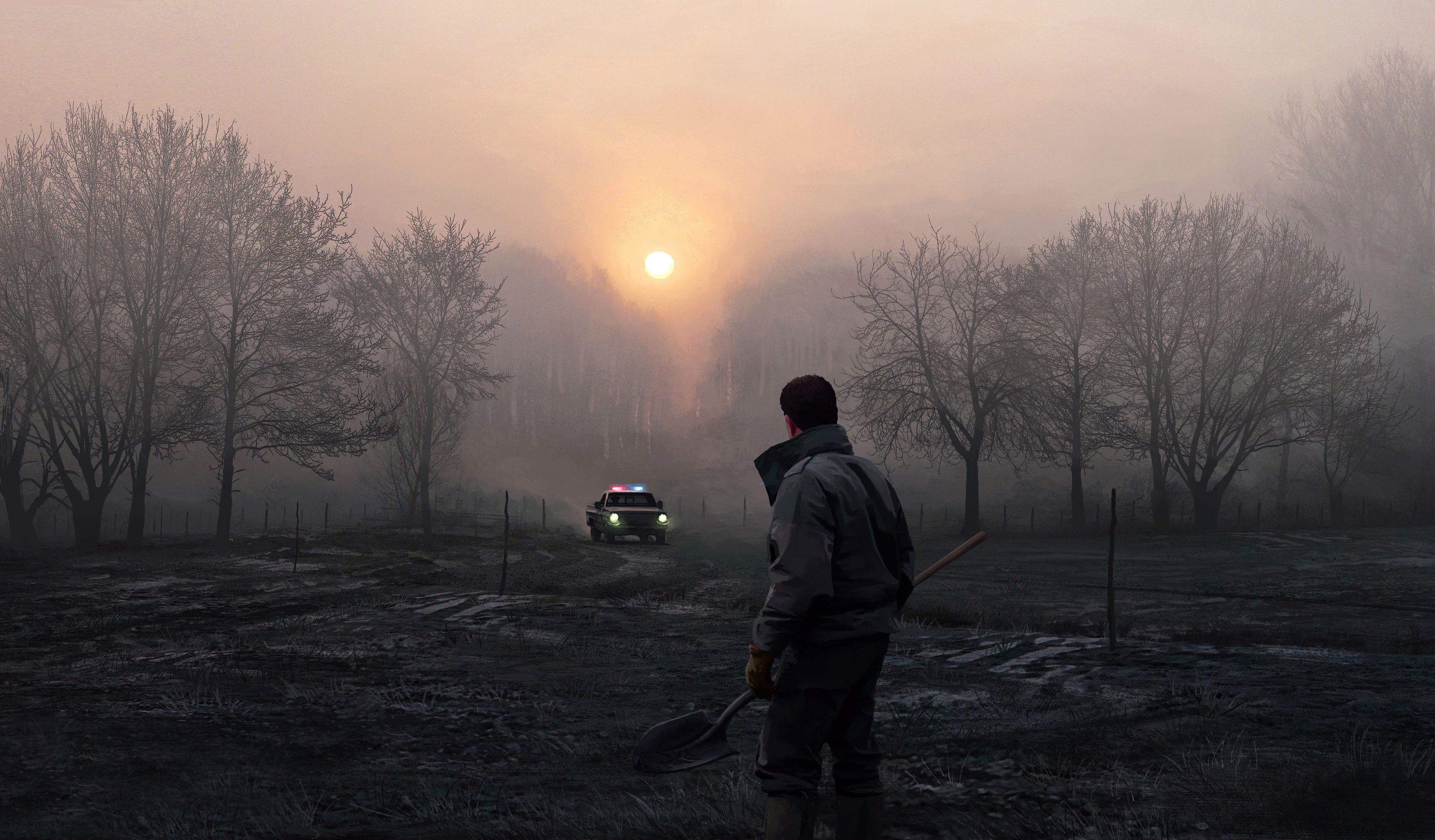Man with shovel and police car in misty sunrise field HD Wallpaper