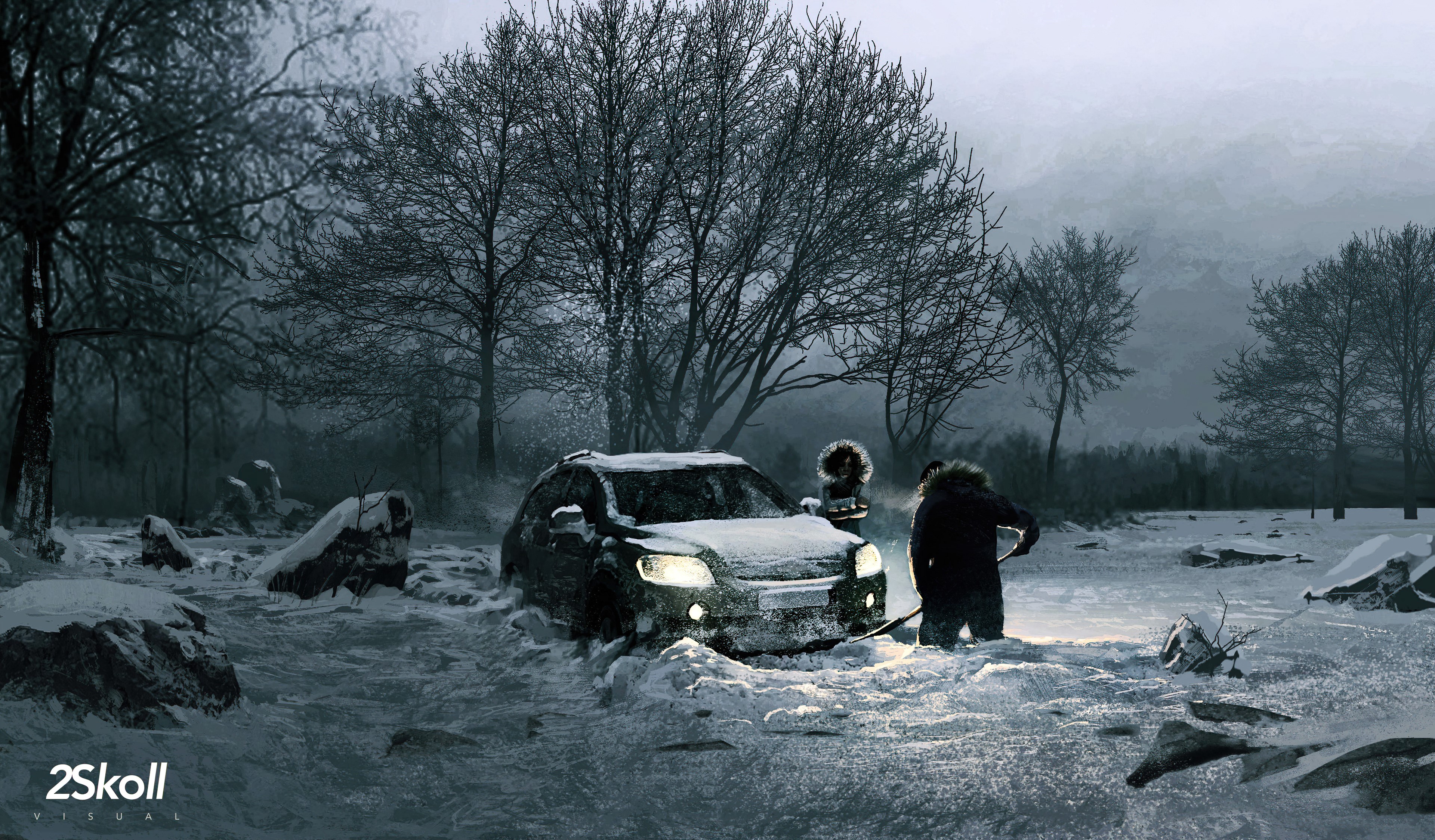 Artwork of a car stuck in snow at night HD Wallpaper