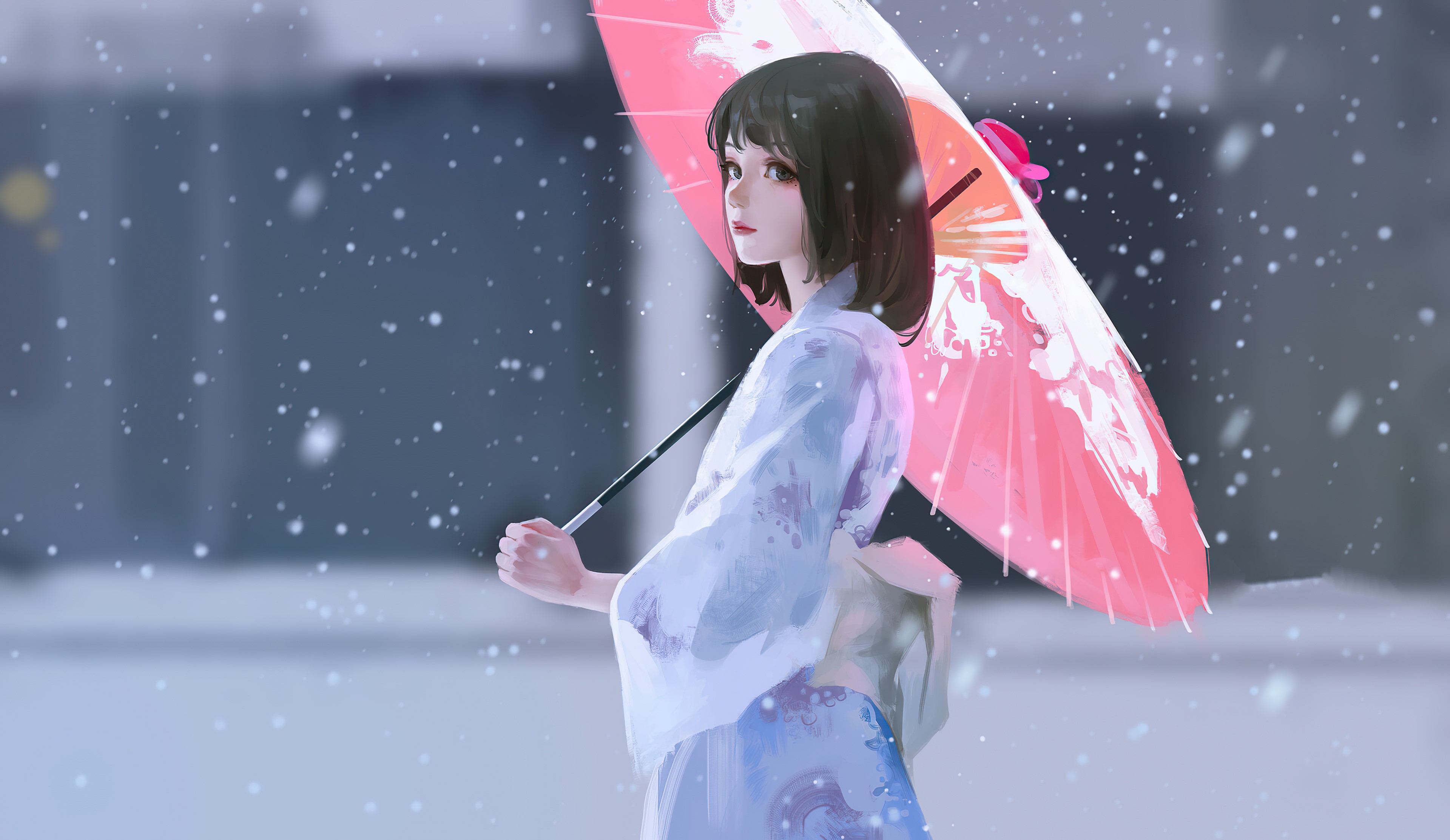 Girl in Kimono Holding Pink Umbrella in Snow HD Wallpaper