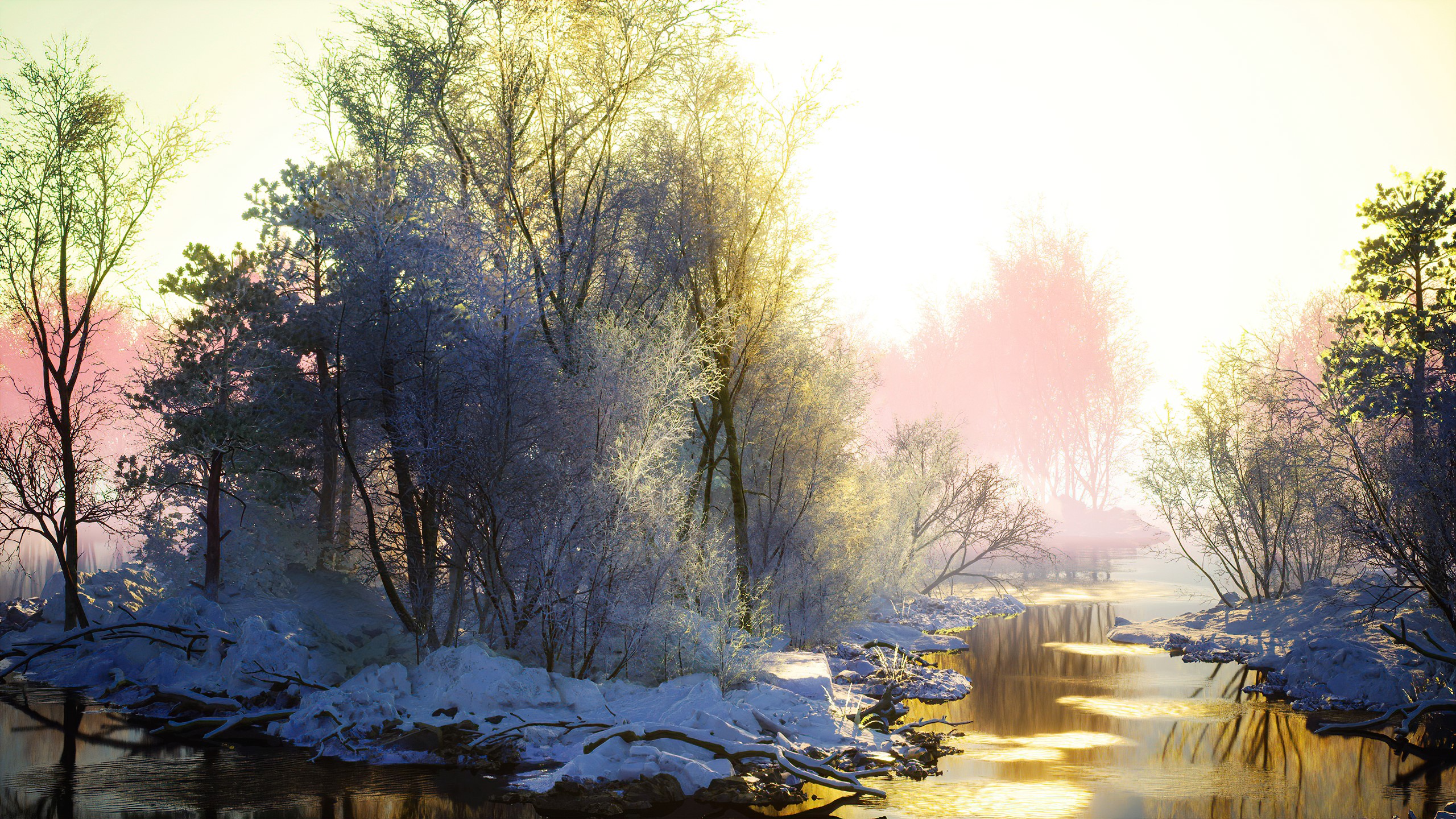 Winter landscape with frosted trees and a river HD Wallpaper