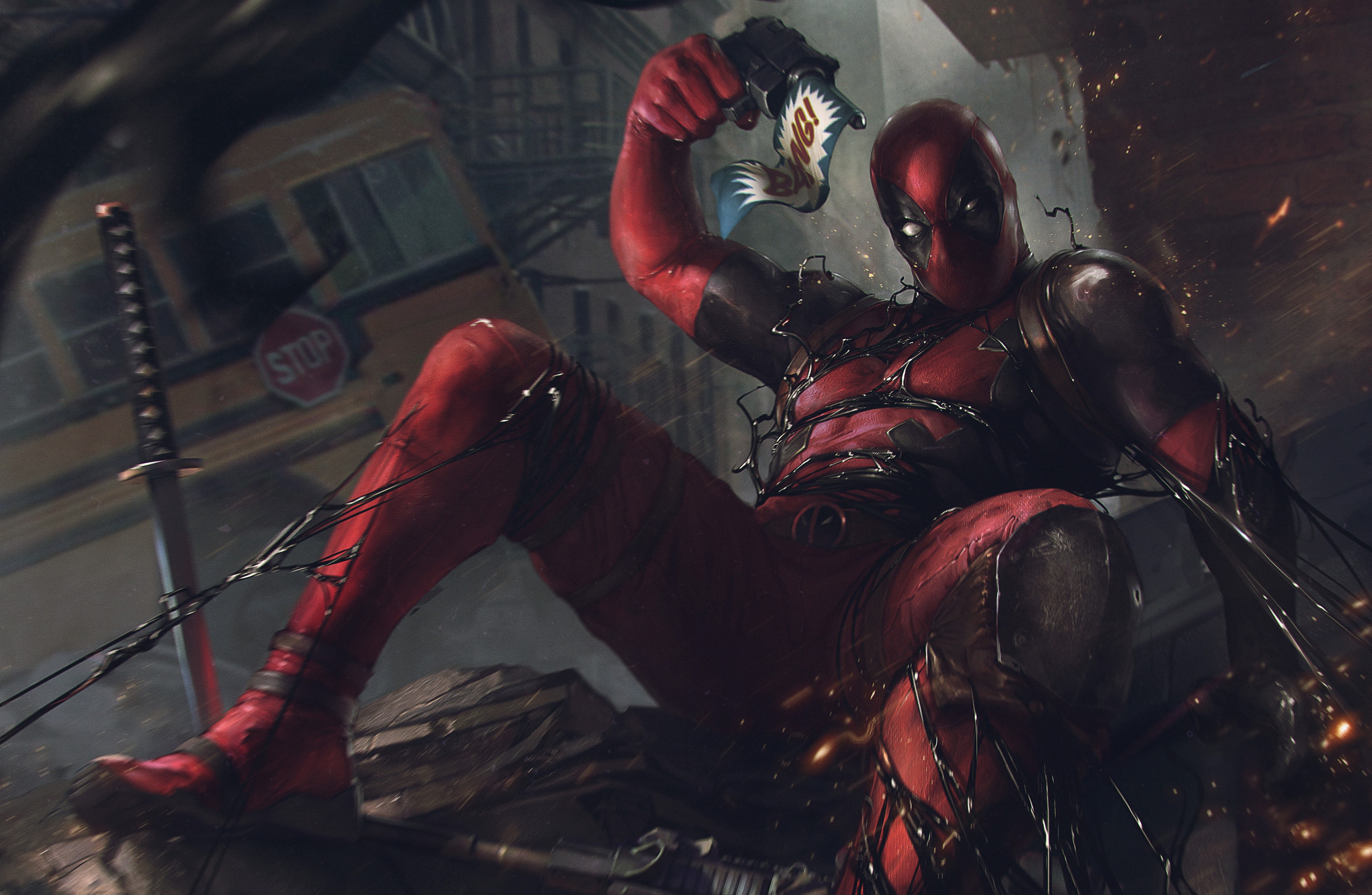 Deadpool with Symbiote tendrils holding a gun HD Wallpaper