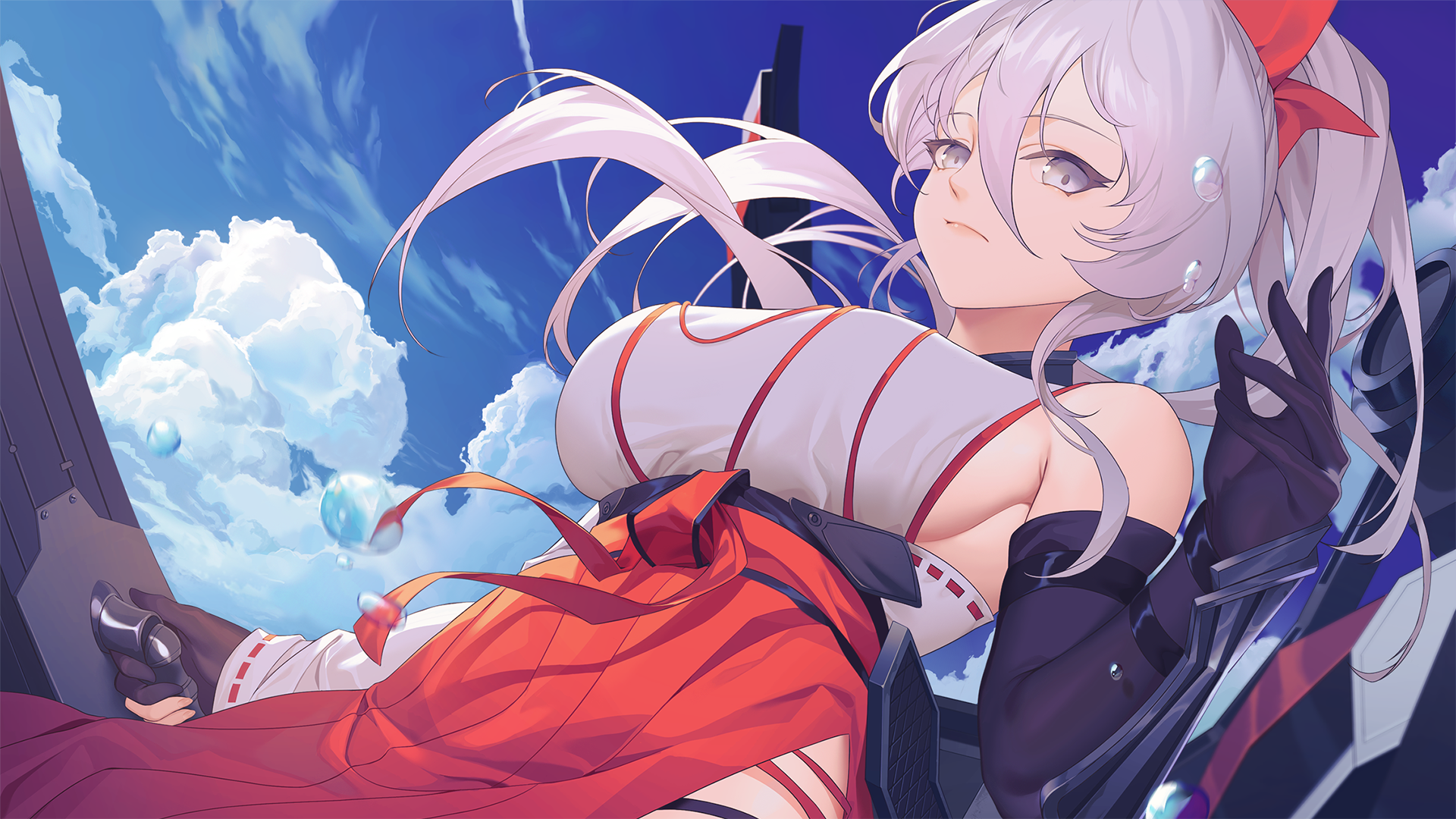 Anime girl with white hair and red outfit in the sky HD Wallpaper