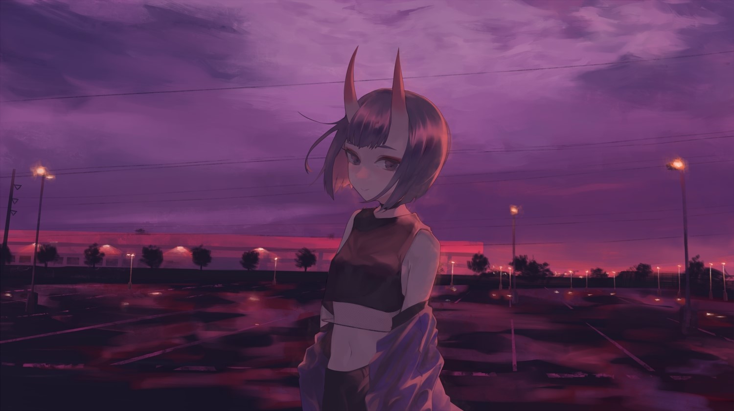 Anime girl with horns in a parking lot at dusk HD Wallpaper
