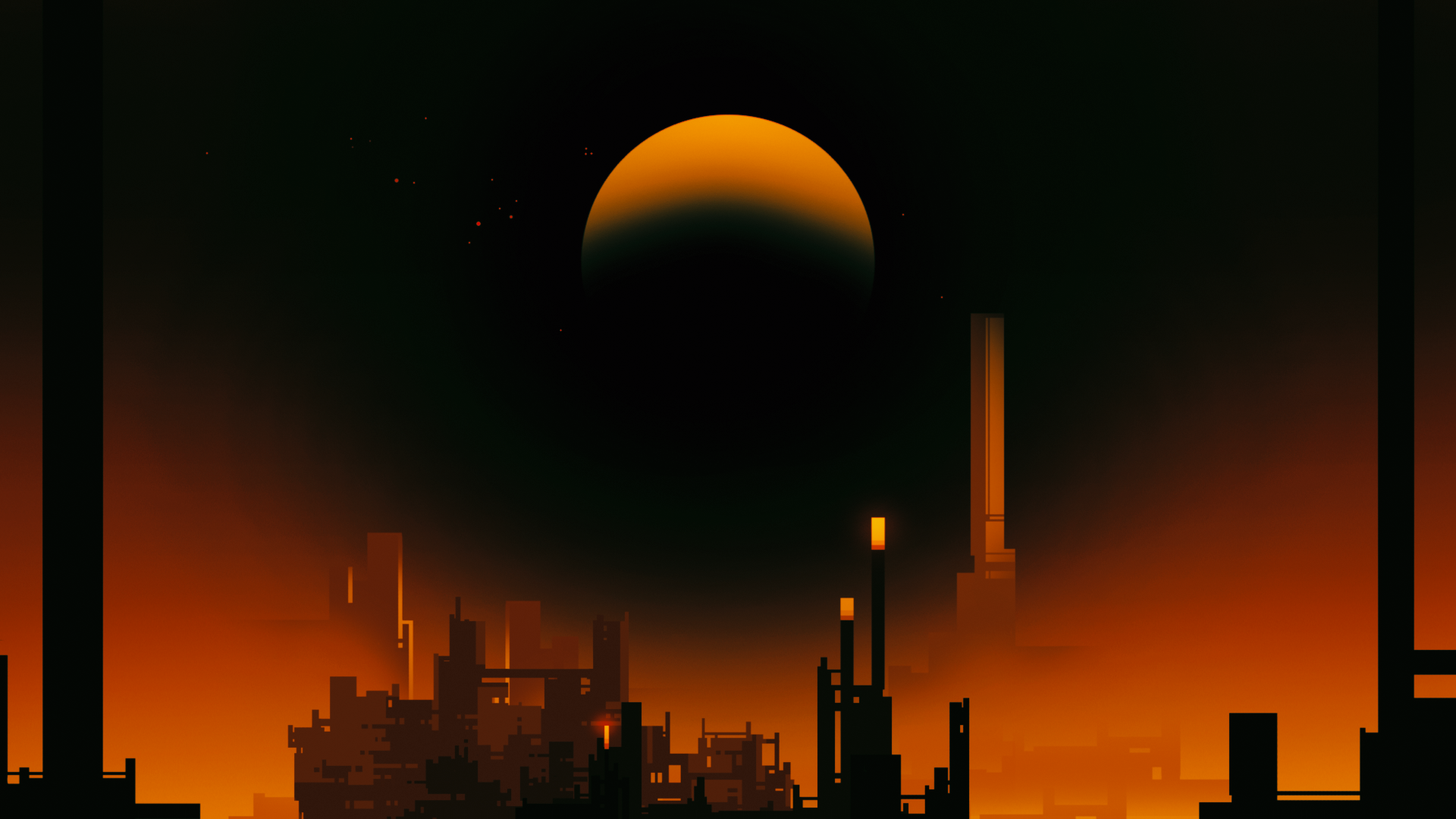 Futuristic cityscape at night with a large moon HD Wallpaper