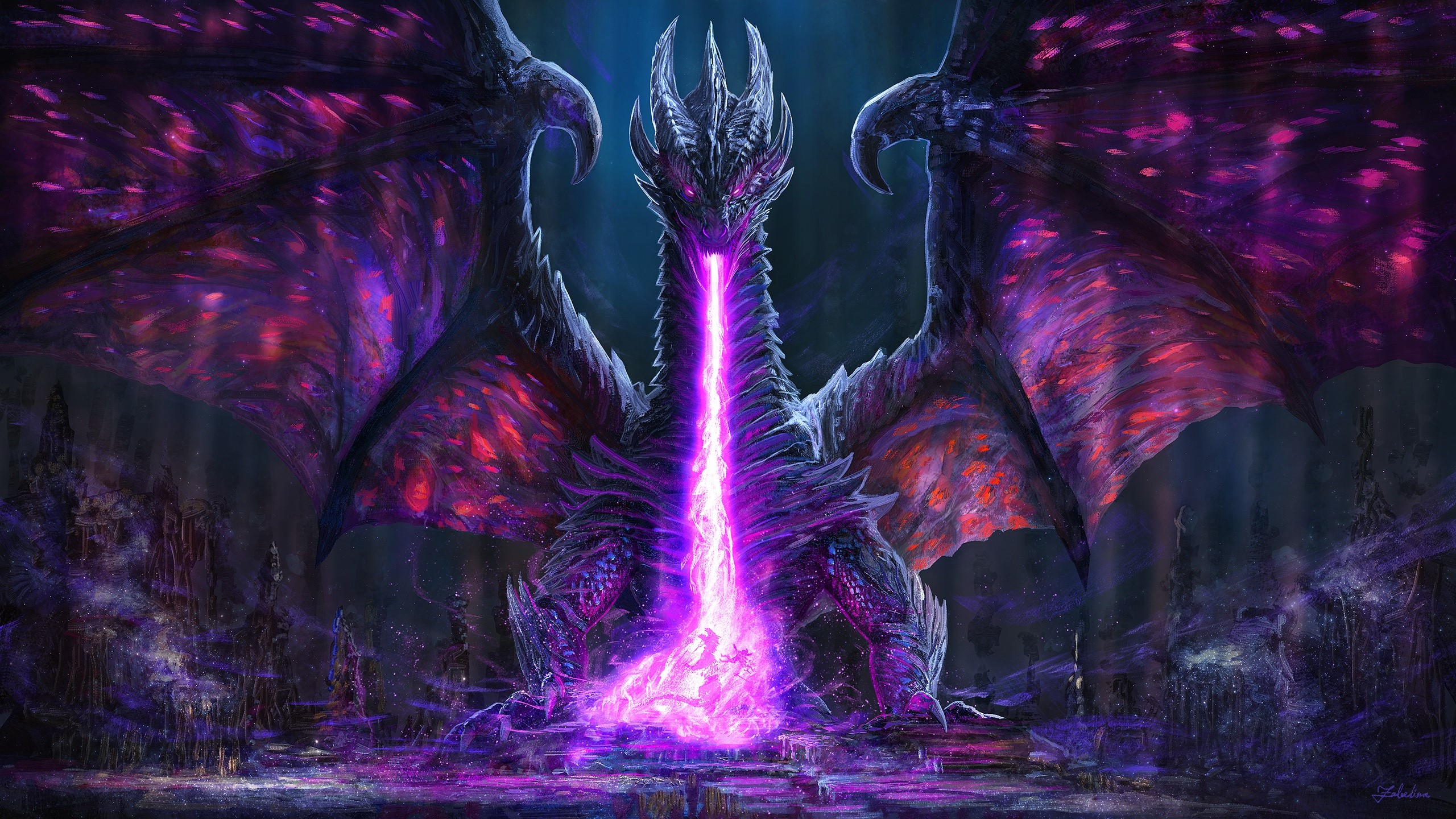 Dragon breathing purple fire in a dark fantasy landscape HD Wallpaper