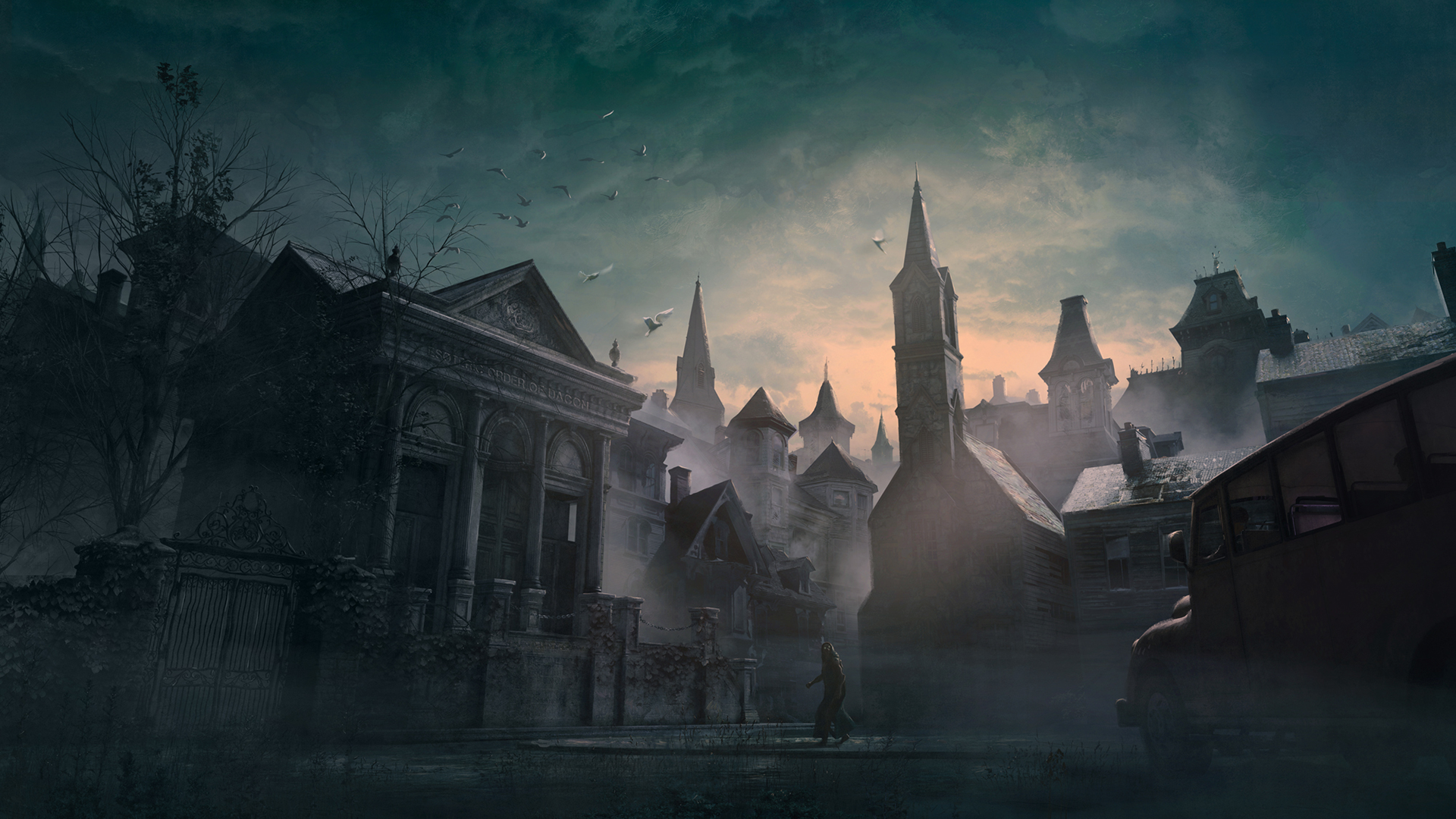 Abandoned city with gothic buildings and a bus HD Wallpaper