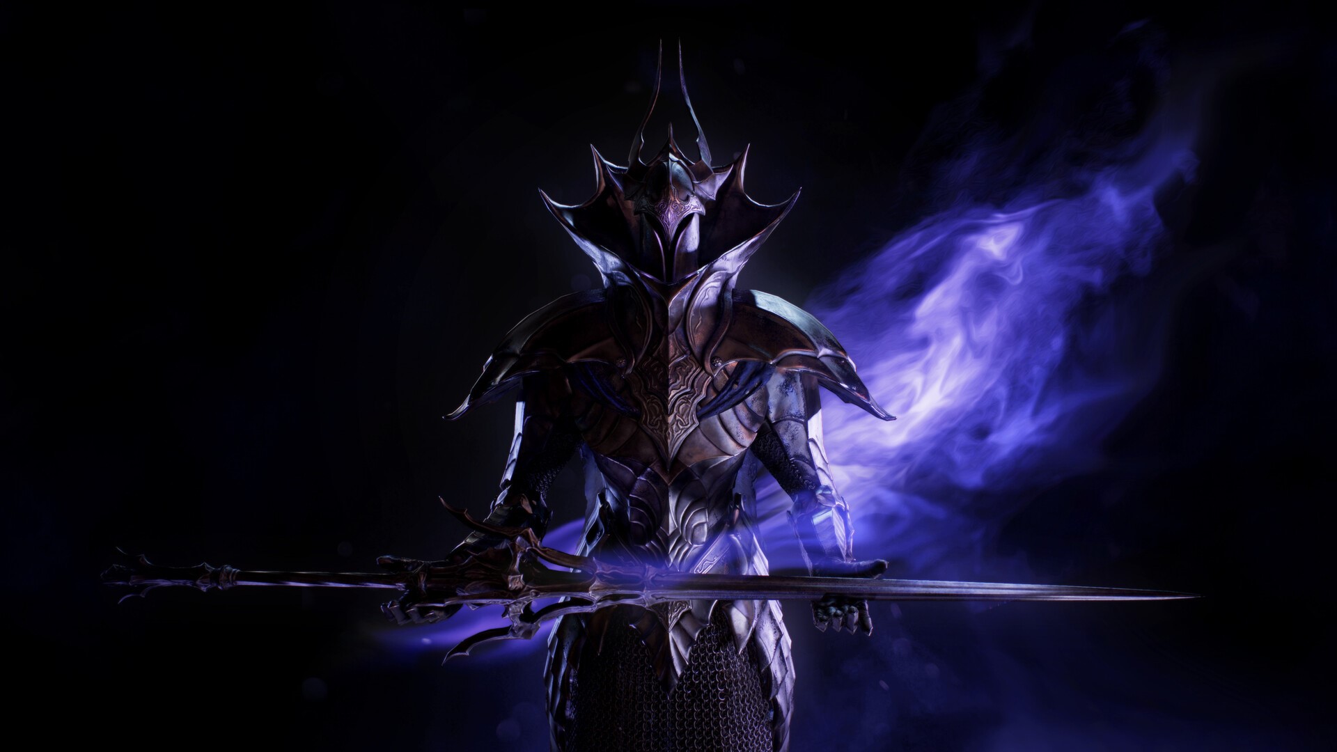 Knight in ornate armor holding a sword with purple smoke HD Wallpaper