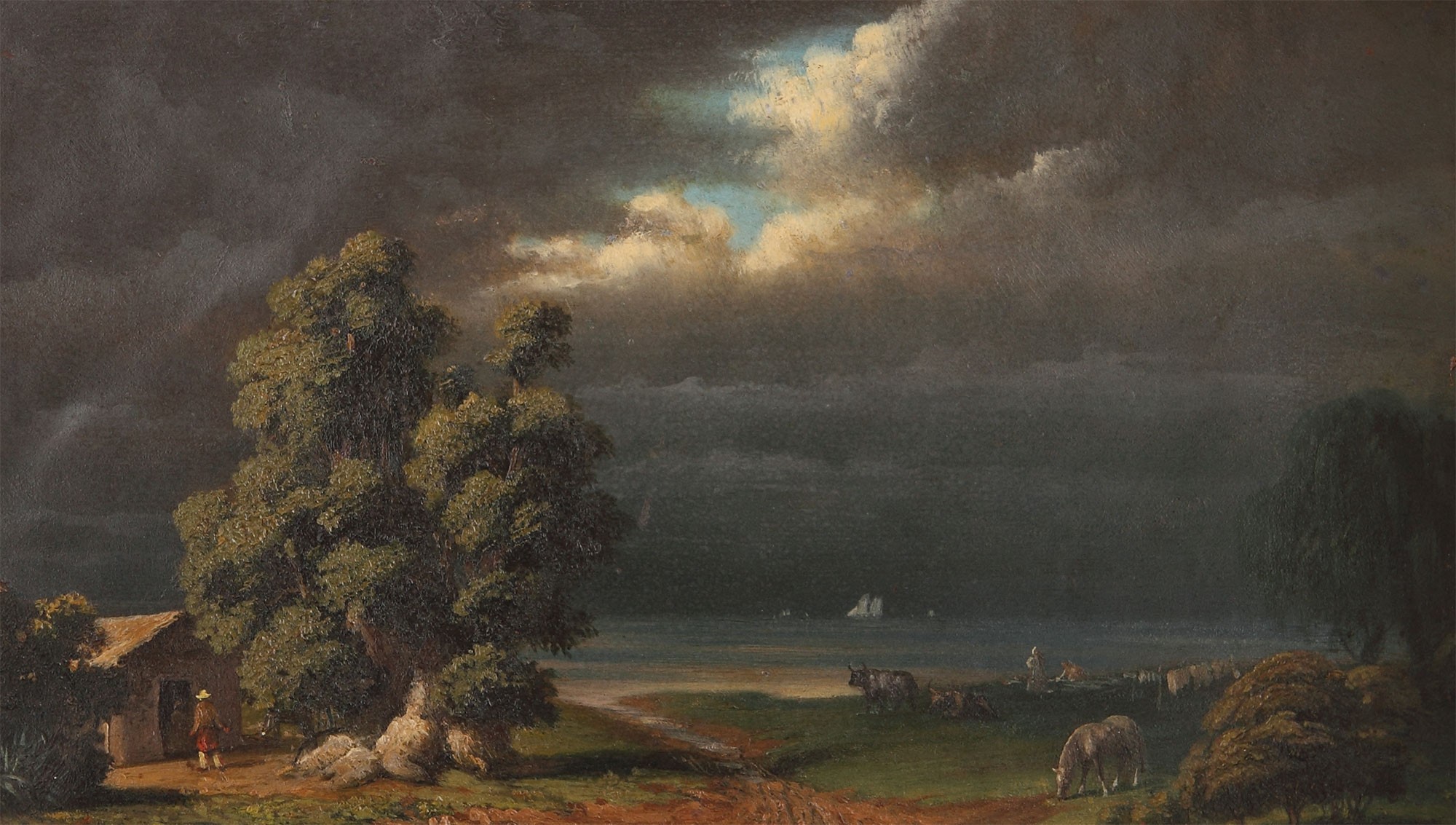 Landscape with a house and cattle under a stormy sky HD Wallpaper