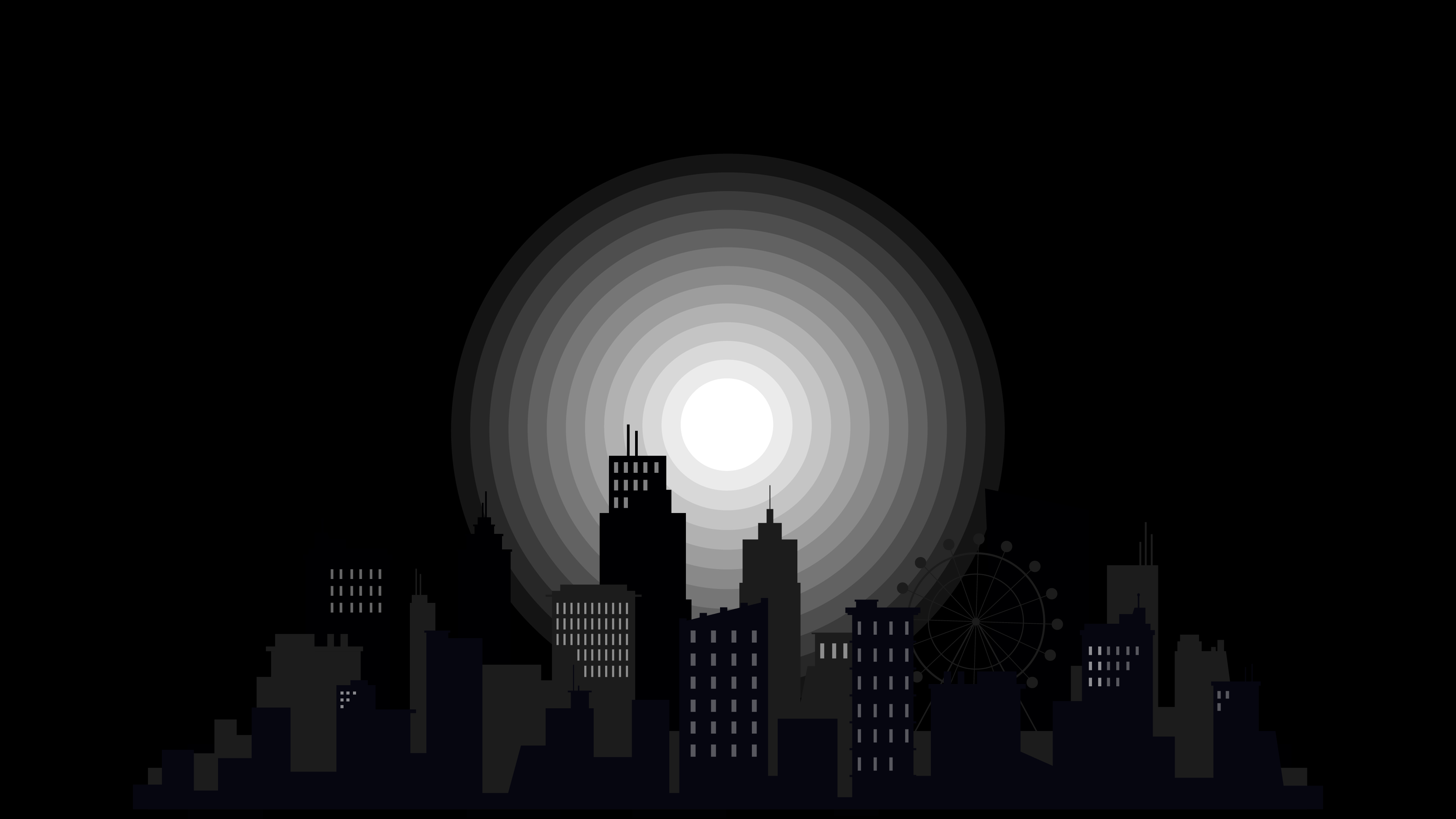 Monochrome Cityscape with Concentric Circles HD Wallpaper