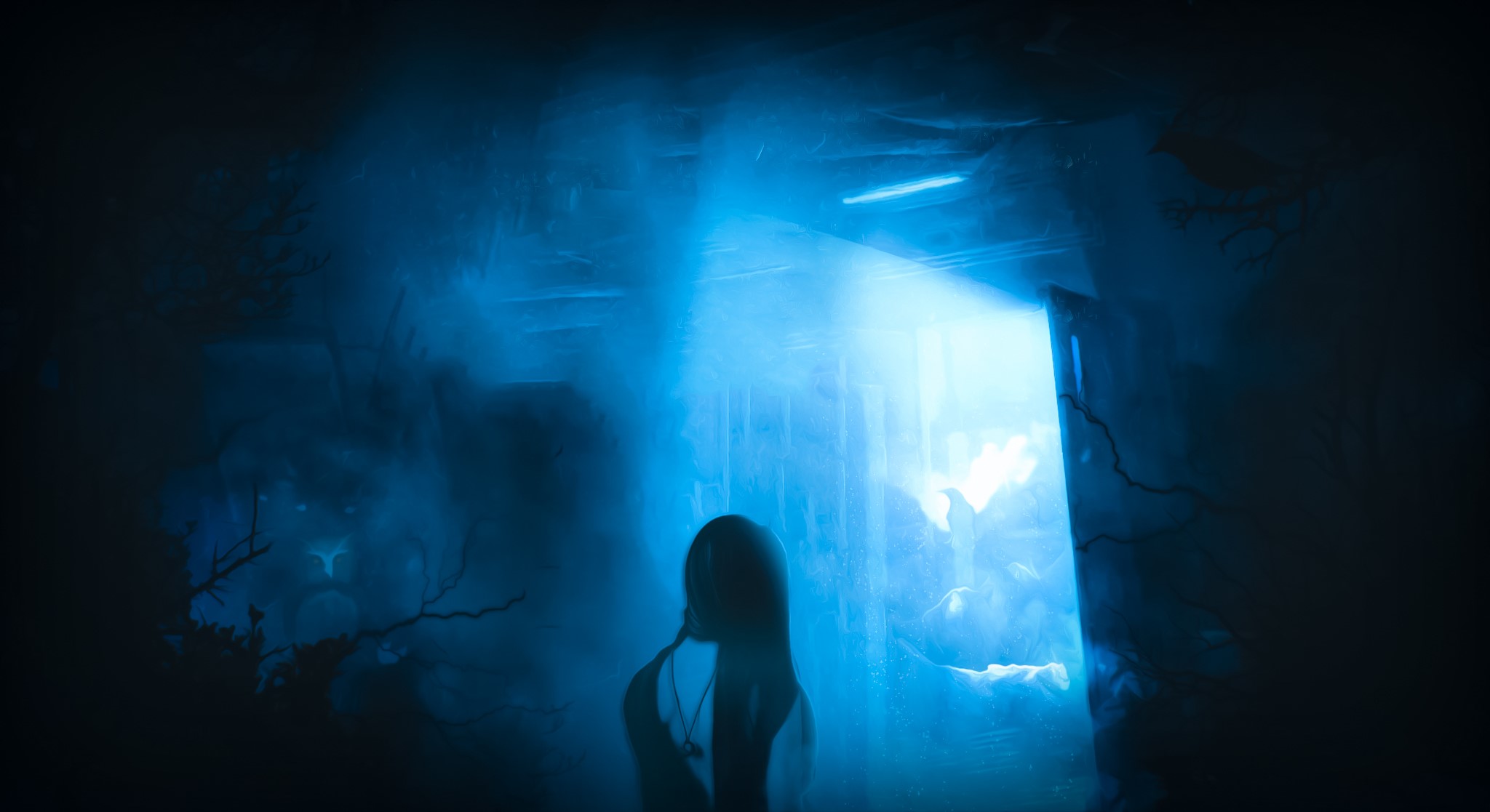 Ghostly figure in a blue, misty environment HD Wallpaper