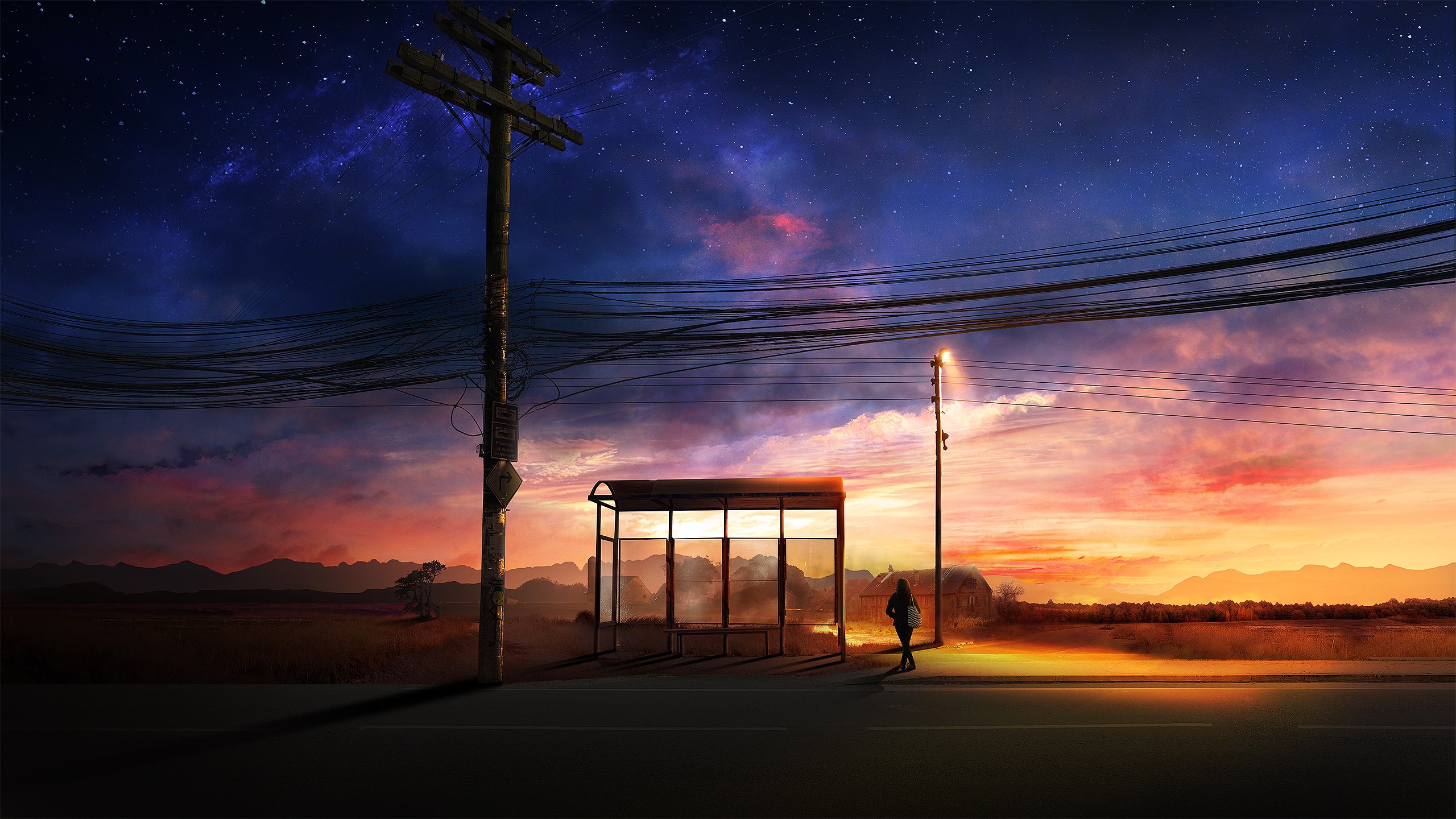 Girl at bus stop under starry sunset sky HD Wallpaper