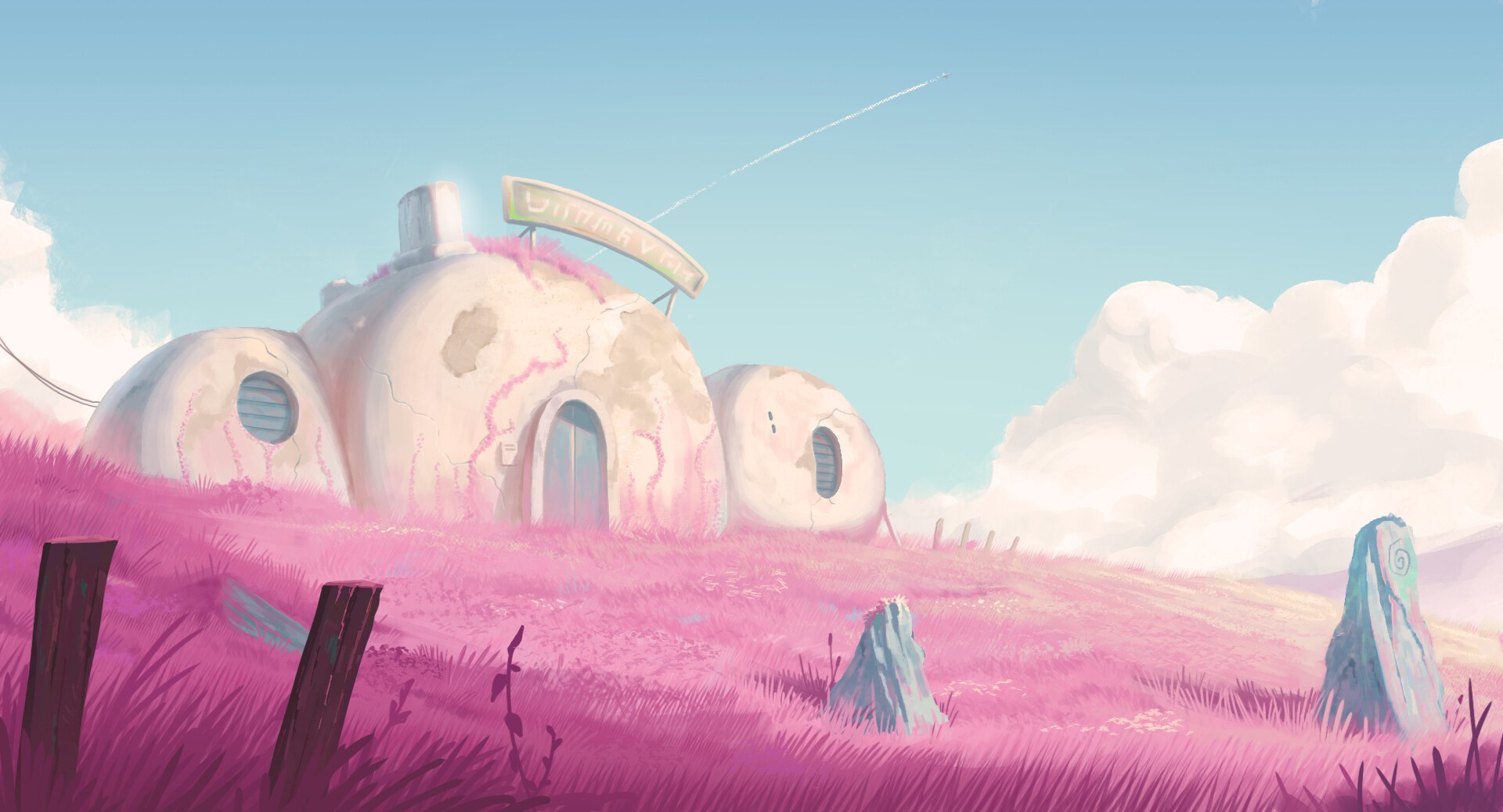 Alien landscape with domed house and pink grass HD Wallpaper