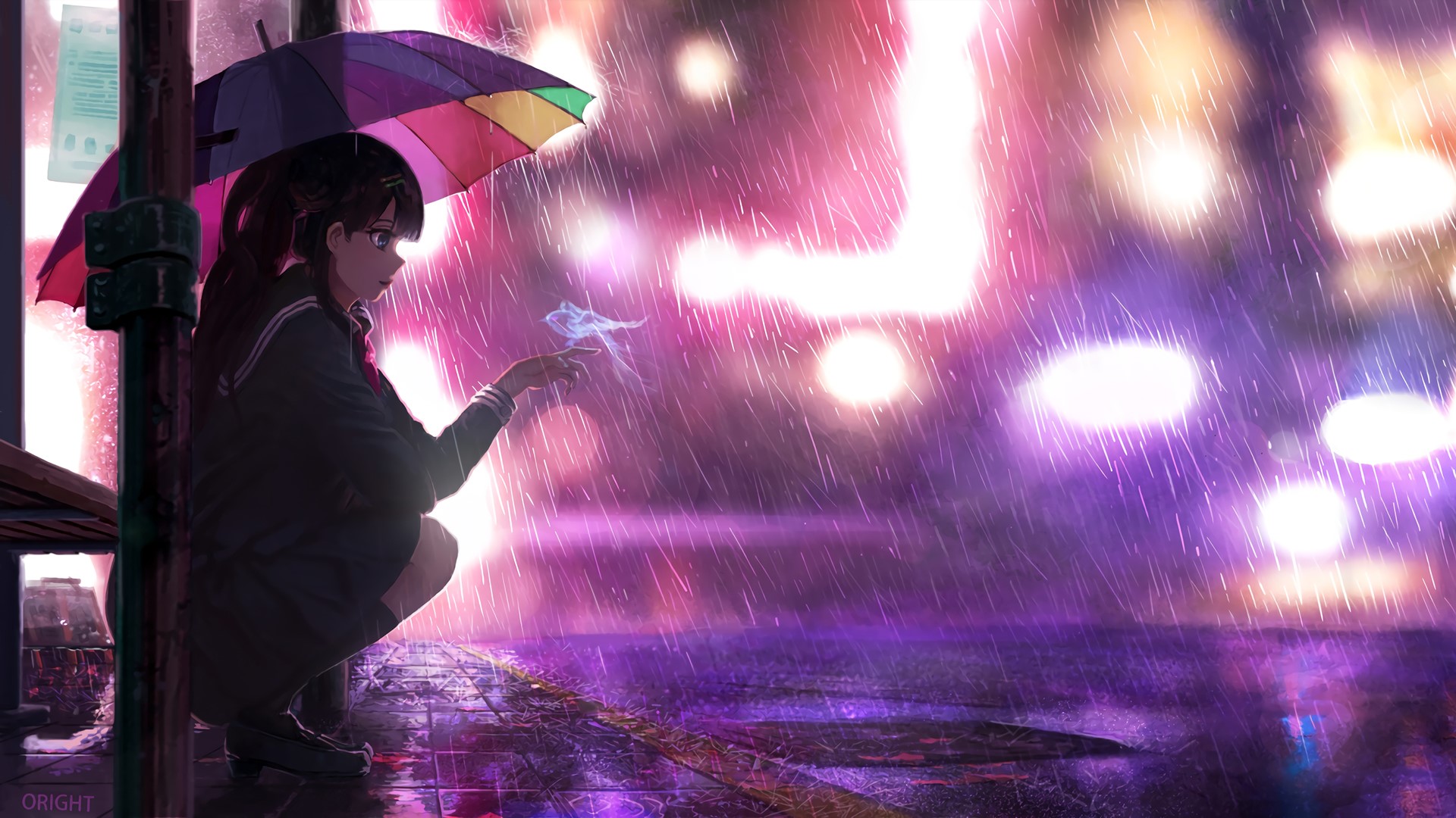 Anime girl with umbrella in the rain at night HD Wallpaper