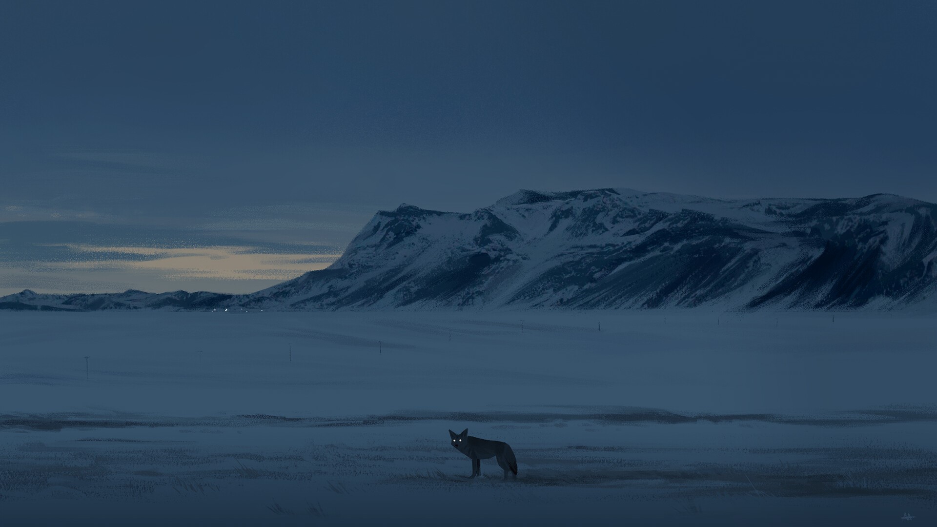 Fox in a snowy landscape with mountains at dusk HD Wallpaper