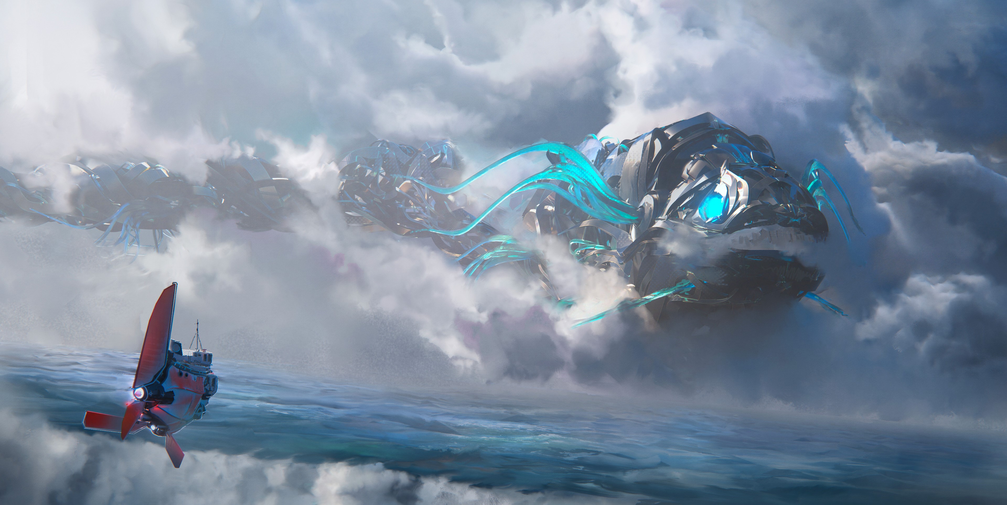 Giant mechanical fish in clouds above a ship HD Wallpaper