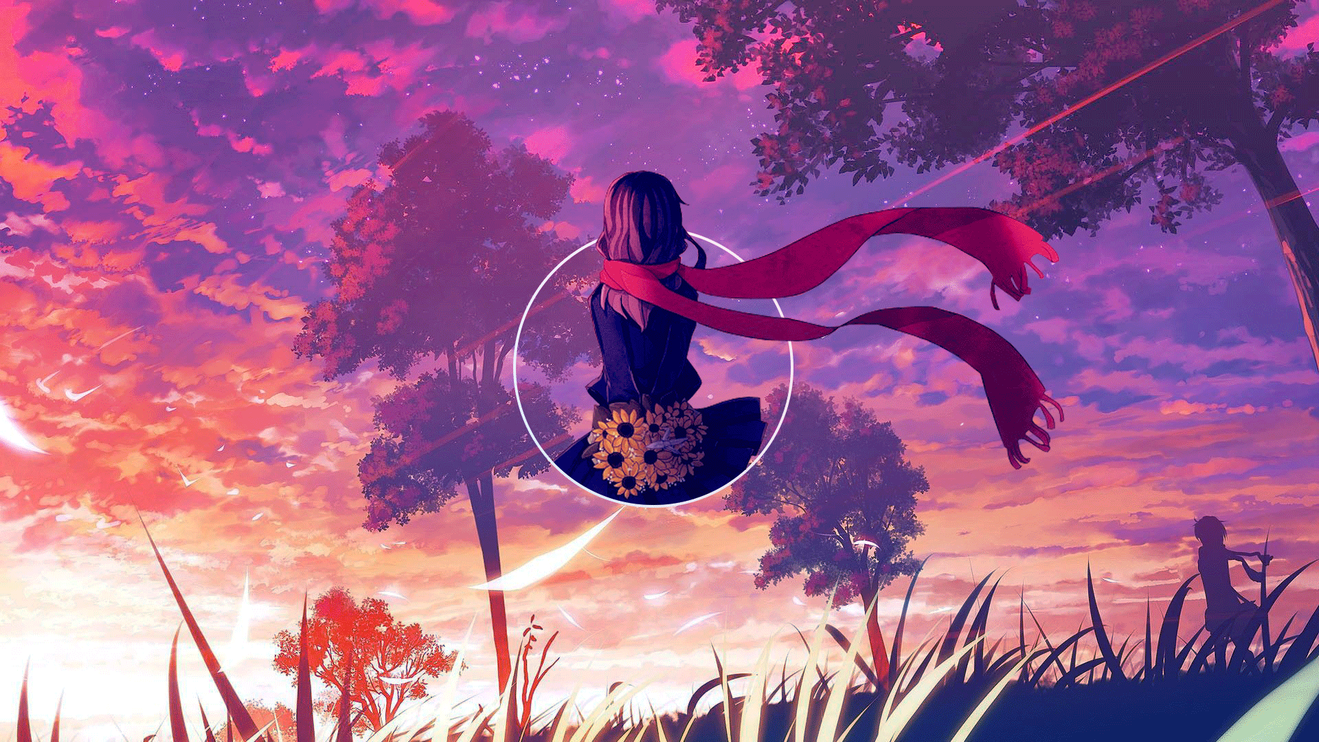 Anime girl with sunflowers and red scarf at sunset HD Wallpaper