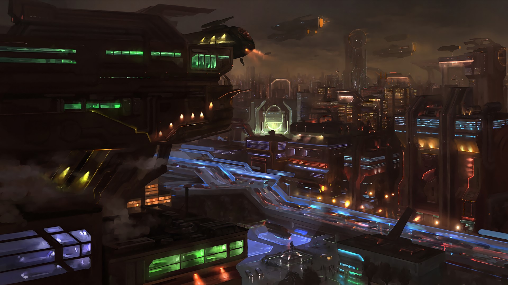 Futuristic city skyline at night with flying vehicles HD Wallpaper